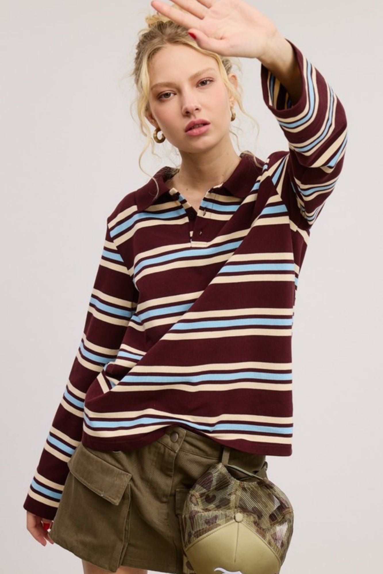 BOXY BROWN LONG SLEEVE KNIT STRIPED POLO SHIRT