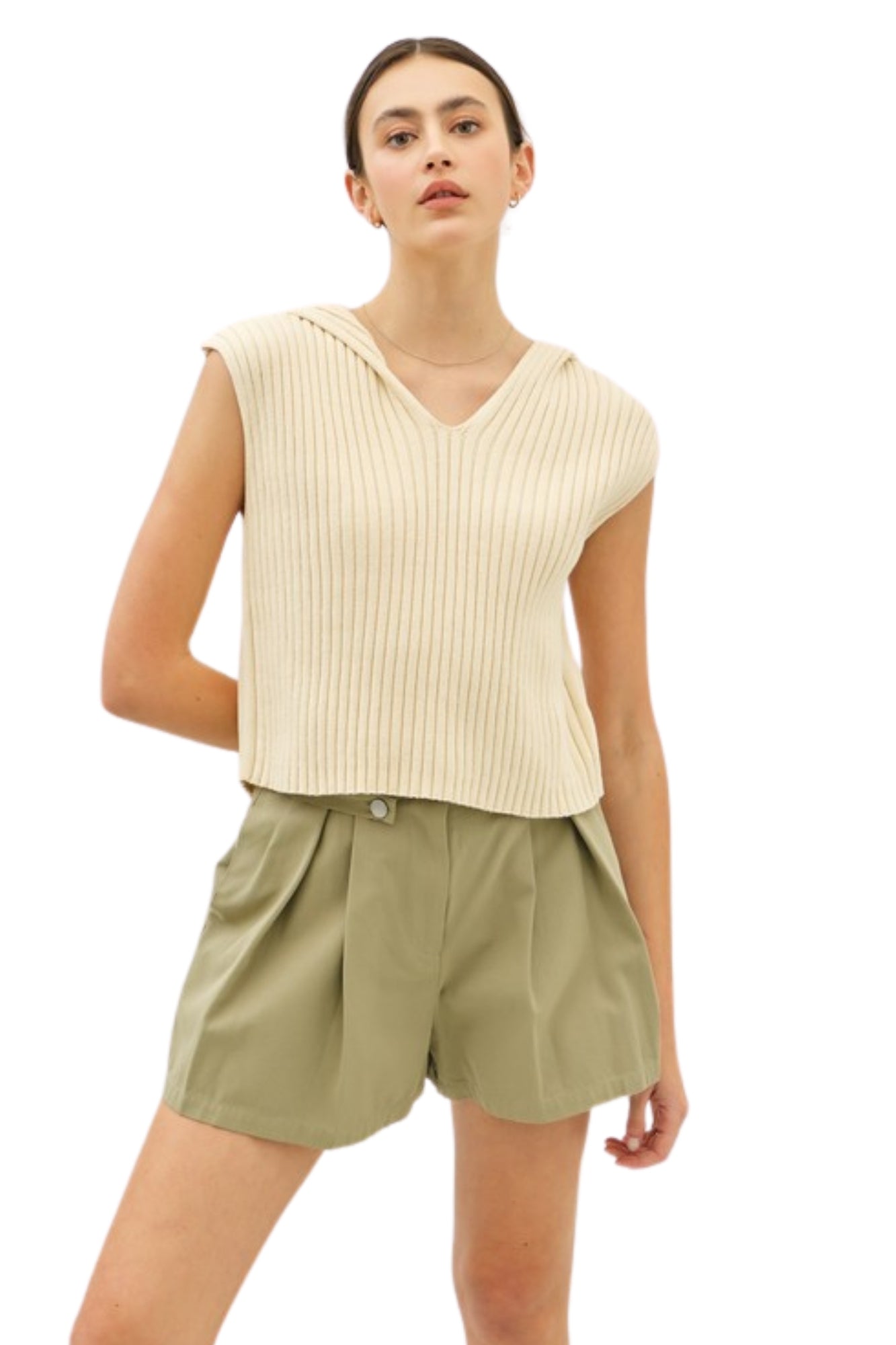 RELAXED FIT RIB HOODED BUTTER CREAM SWEATER TOP