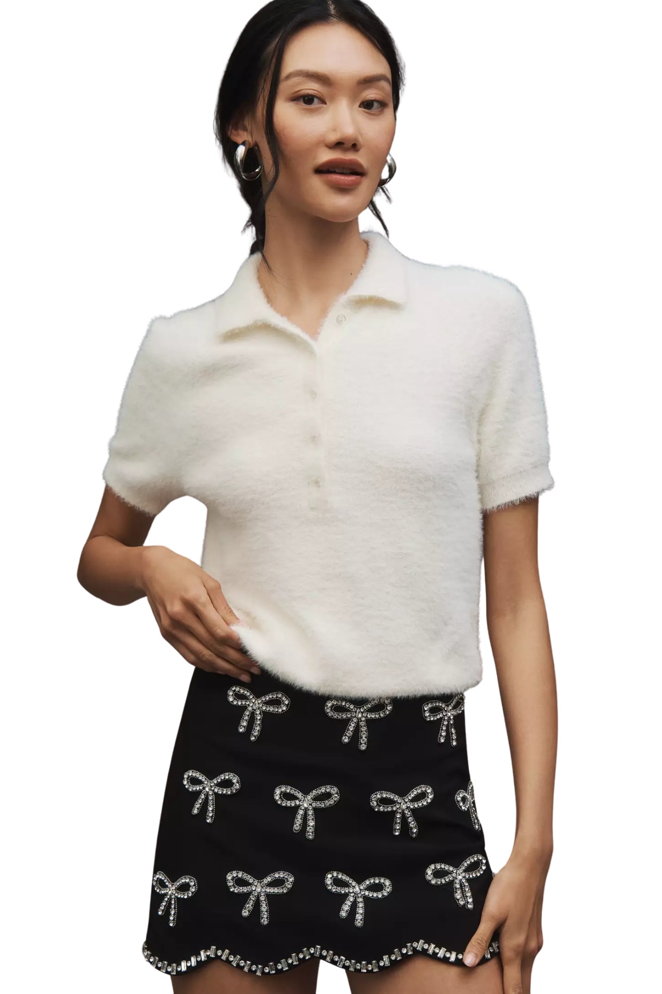 BOW EMBELLISHED SCALLOP HEM MINI SKIRT