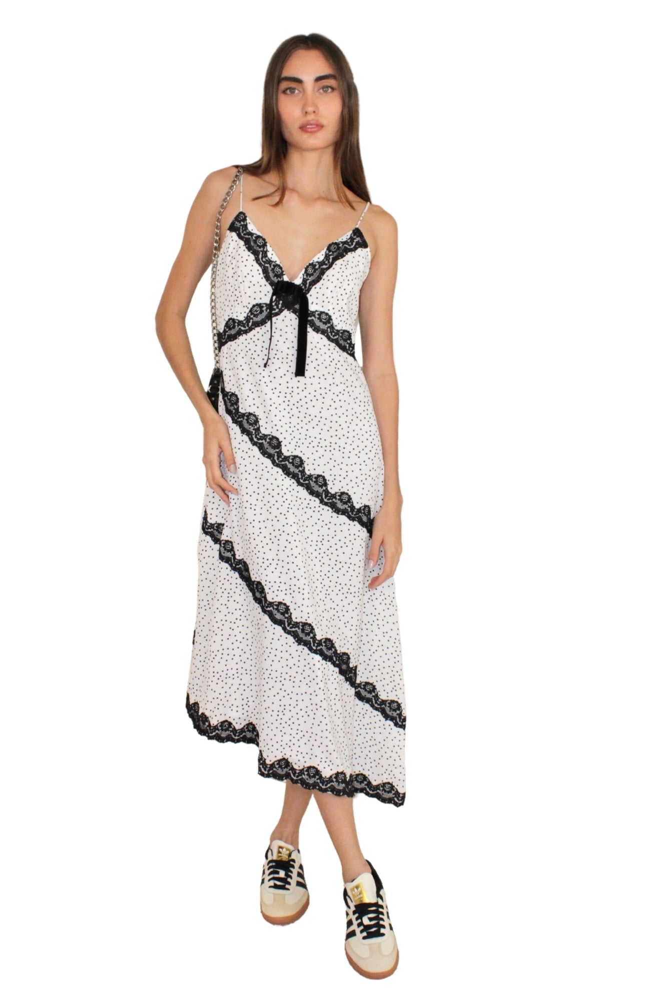 POLKA DOT AND LACE SLIP BLACK AND WHITE MIDI DRESS