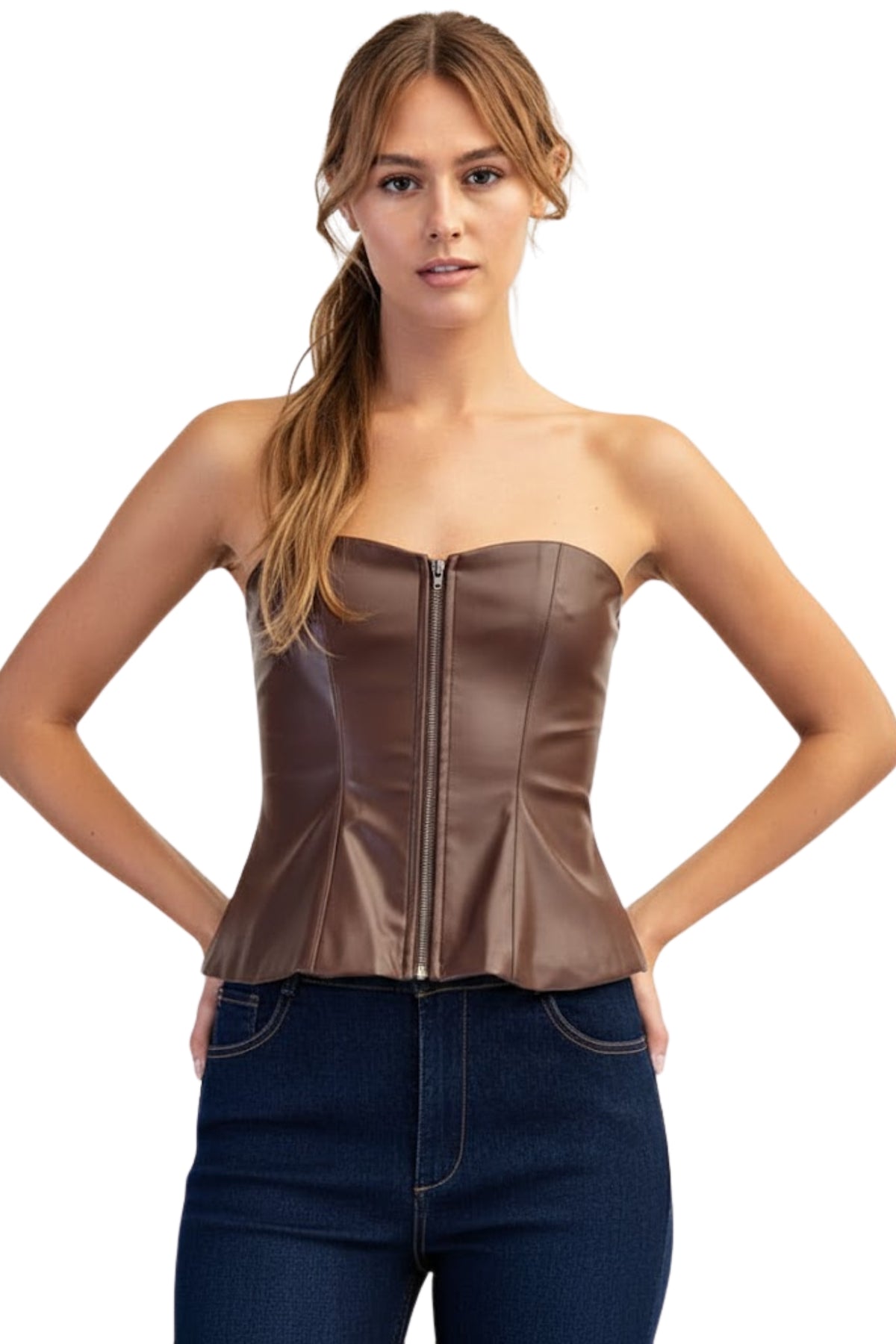 FAUX LEATHER BROWN ZIP UP FRONT TOP