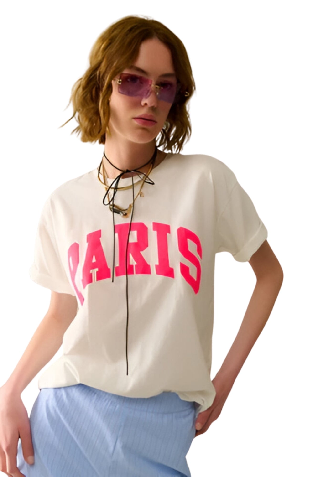 WHITE PARIS RELAXED T-SHIRT WITH PINK LETTERS