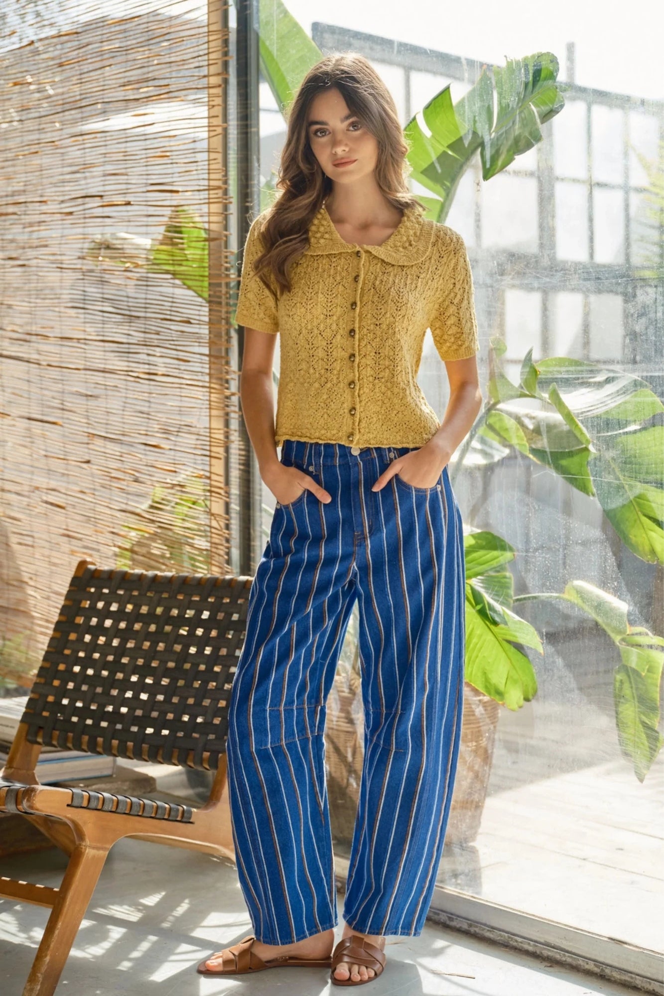 BRUSHED STRIPE DENIM BARREL PANTS
