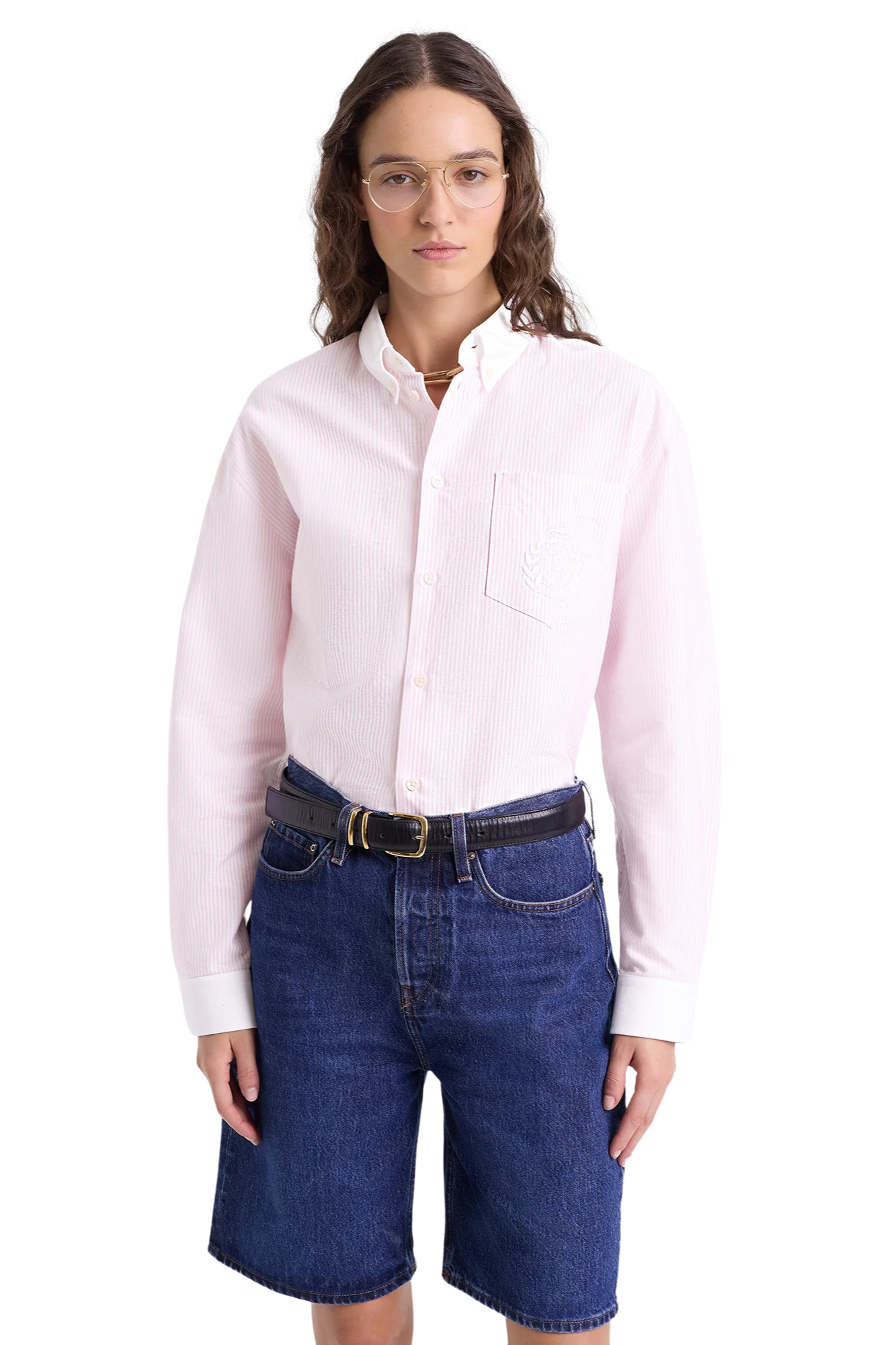 H&W CREST OVERSIZED OXFORD PINK WHITE STRIPE SHIRT