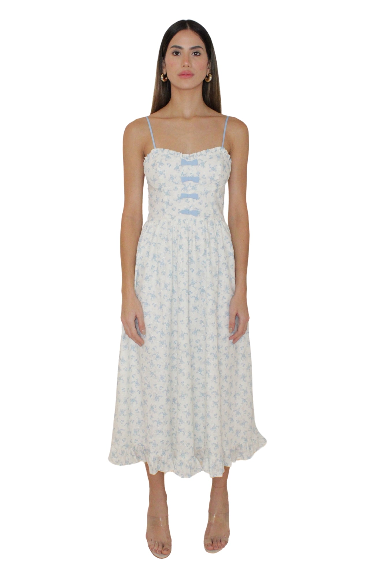 DITSY BOUQUET PRAIRIE WHITE BLUE FLORALMIDI DRESS