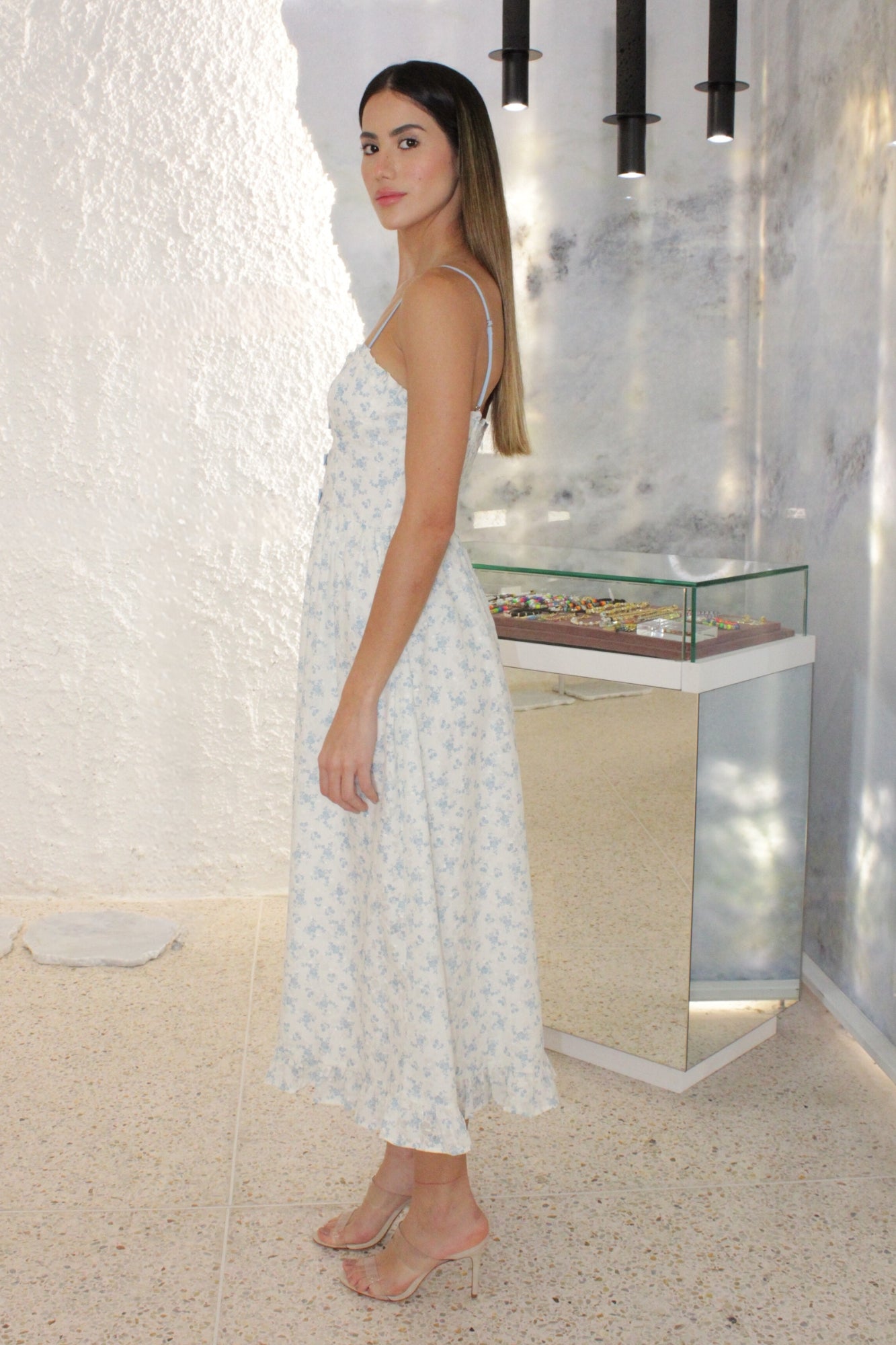 DITSY BOUQUET PRAIRIE WHITE BLUE FLORALMIDI DRESS