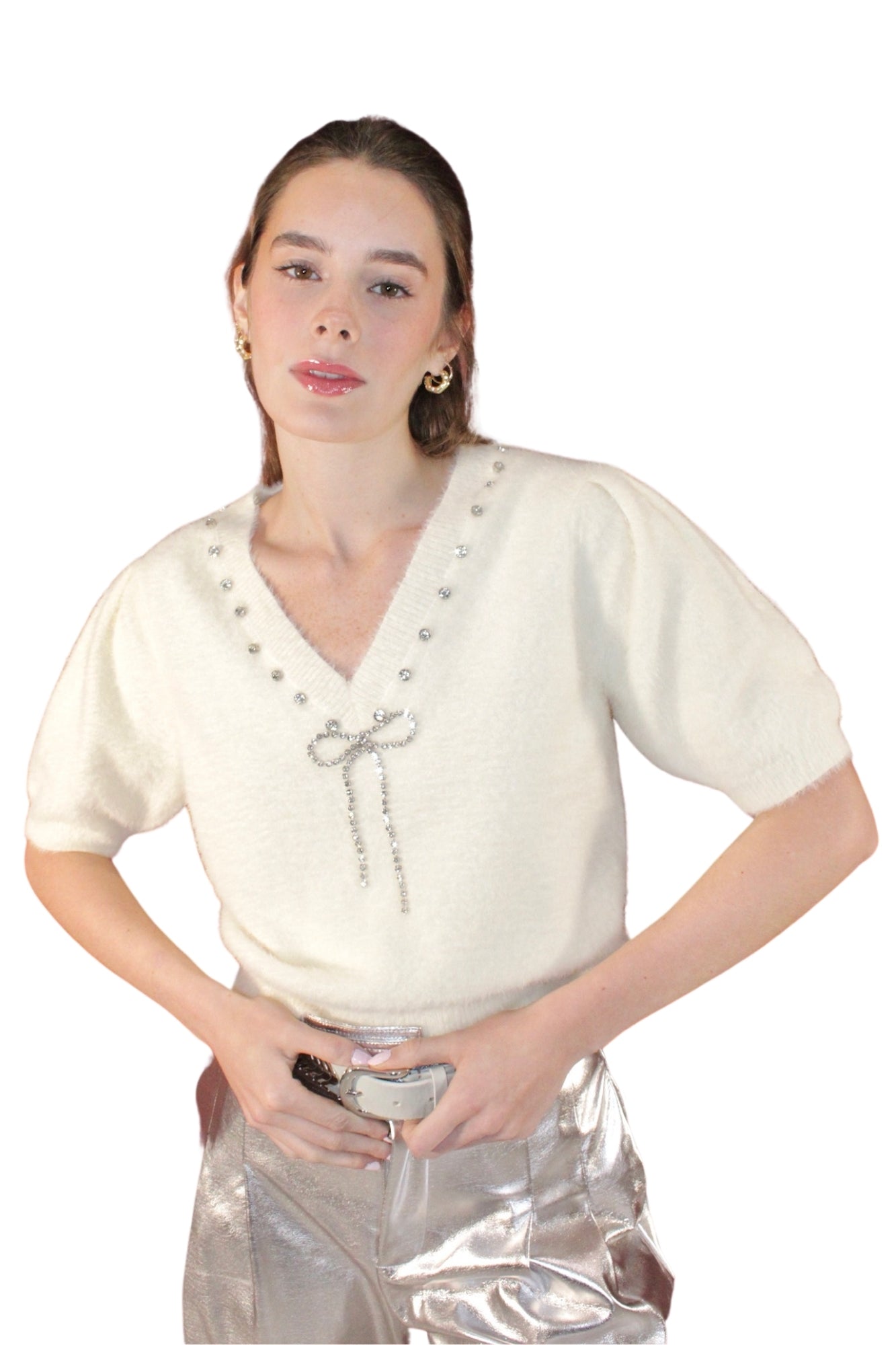 RHINESTONE KNIT TOP WITH BOW DETAIL