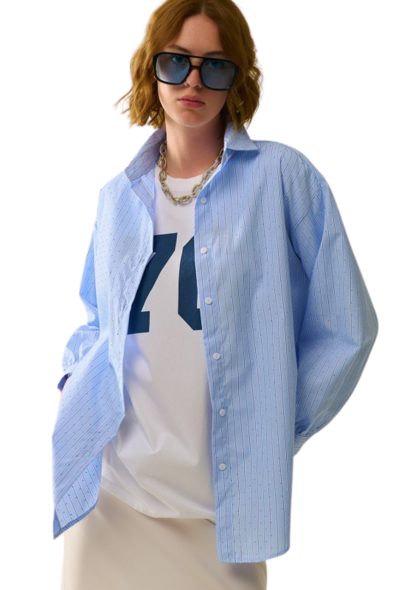 BLUE STRIPED POPLIN SHIRT EMBELLISHED WITH STRASS