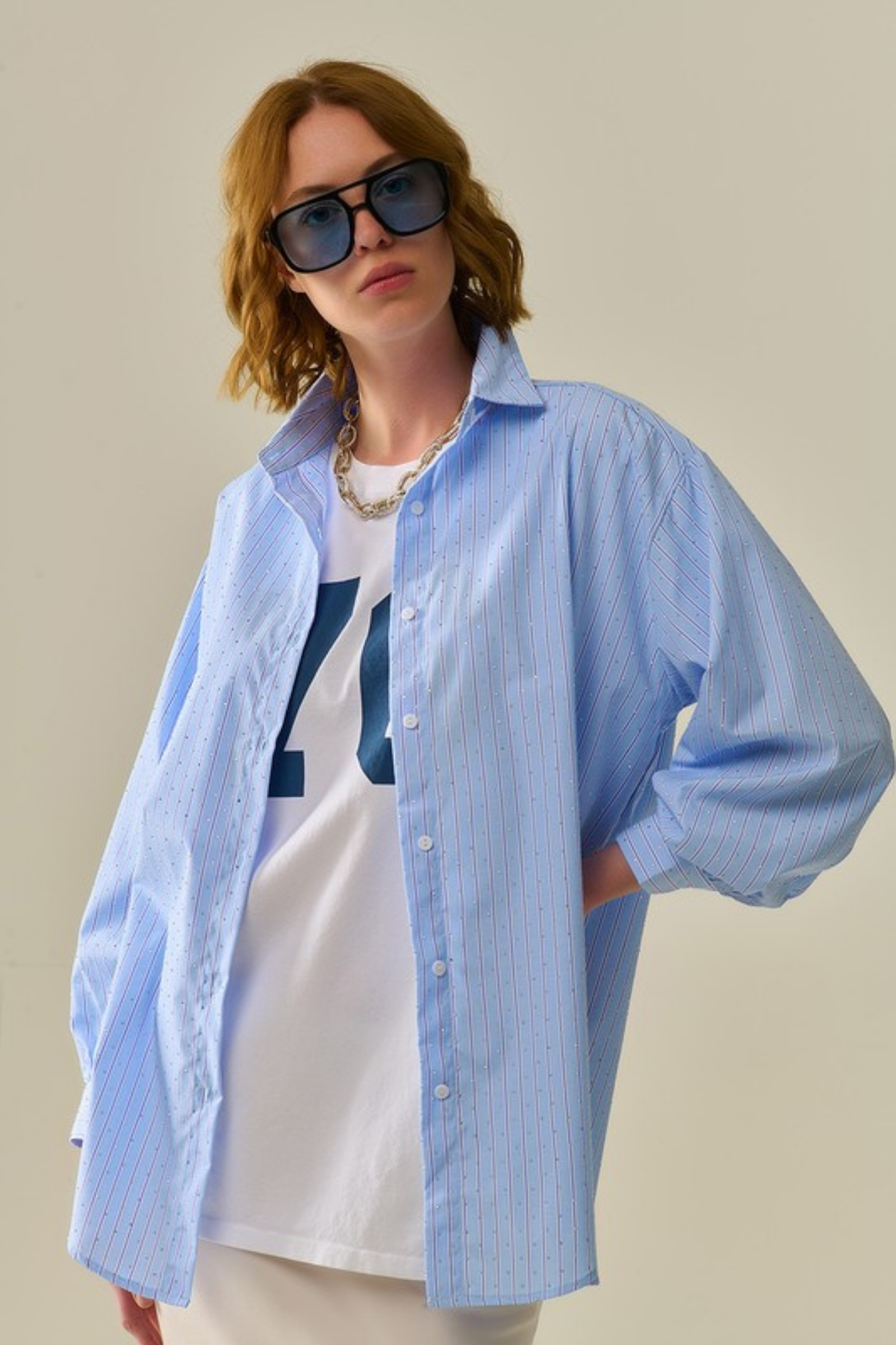 BLUE STRIPED POPLIN SHIRT EMBELLISHED WITH STRASS