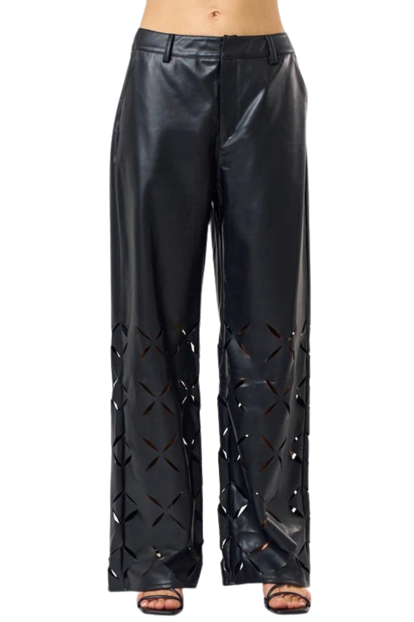 DIAMOND CUT OUT LEATHER WIDE LEG PANTS