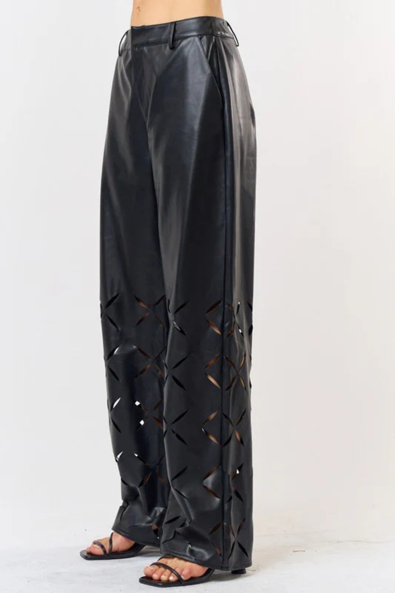DIAMOND CUT OUT LEATHER WIDE LEG PANTS