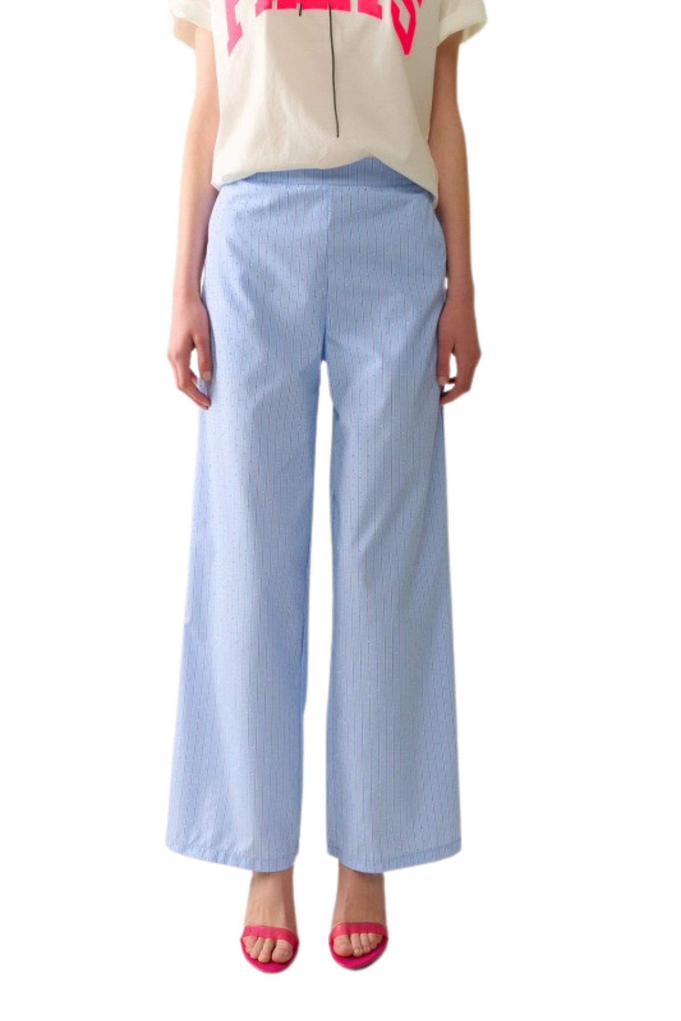 BLUE STRIPED WIDE LEG PANTS WITH STRASS EMBELLISHMENT