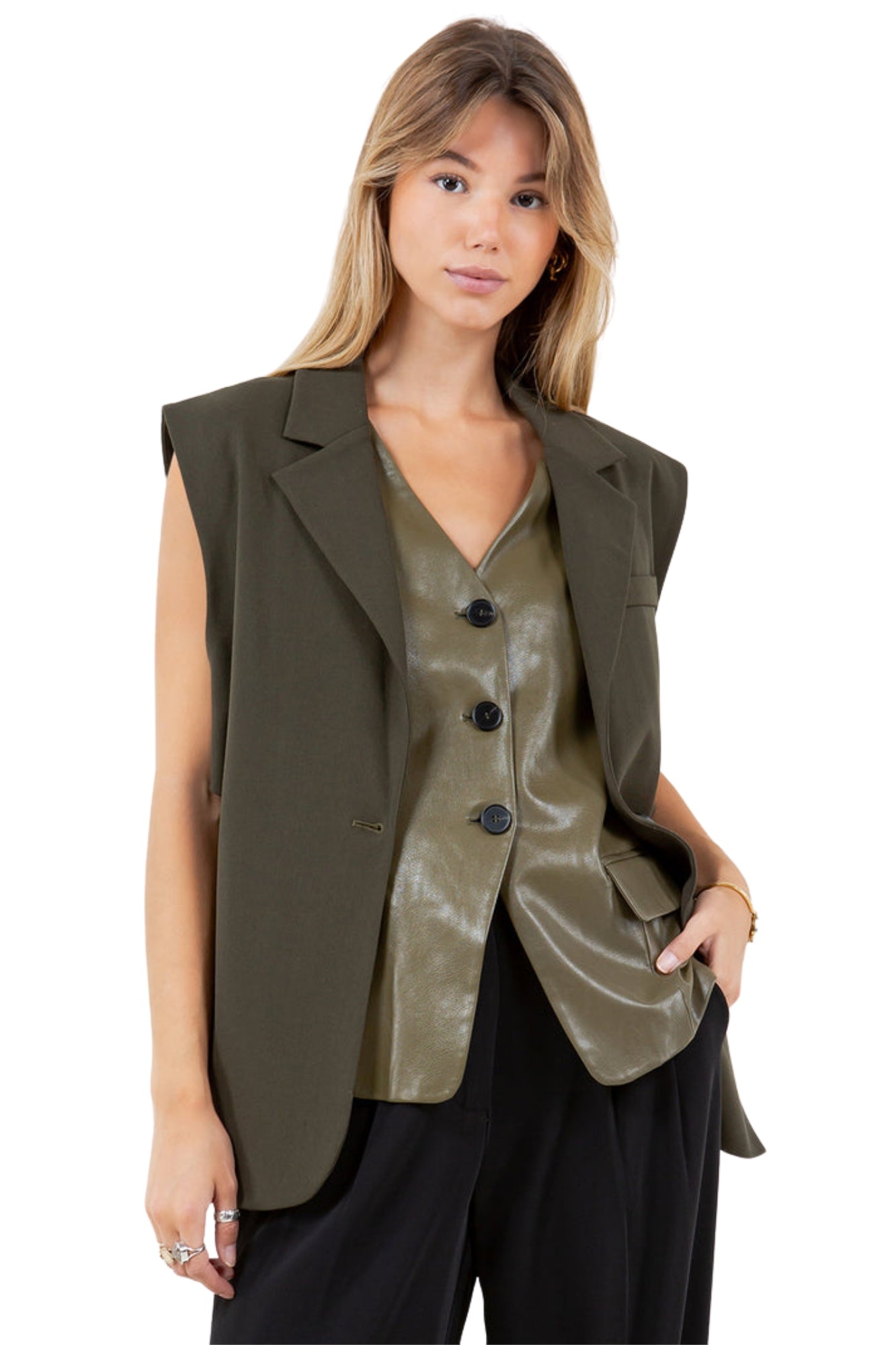 CONTRASTED DOUBLE LAYER LINE OLIVE VEST
