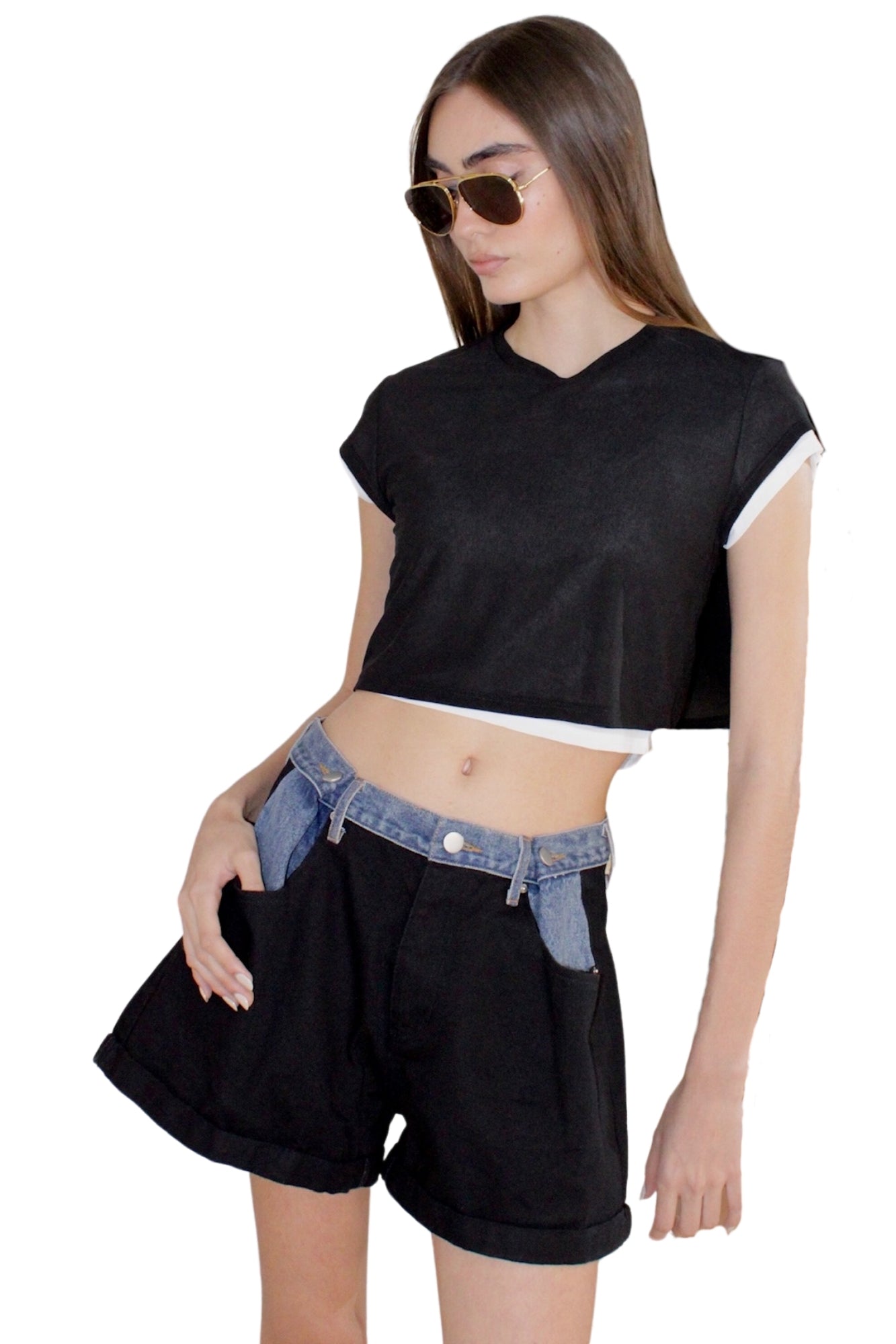 KENZIE CONTRAST DENIM BLACK SHORTS