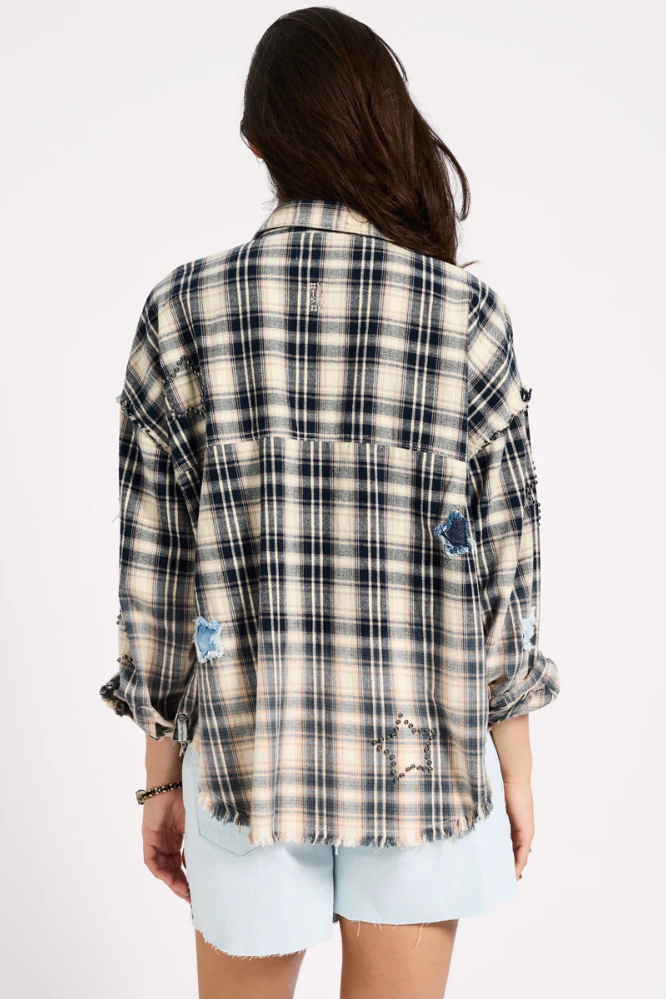 FLANNEL STAR STUDDED CREAM BLUE CHECK SHIRT