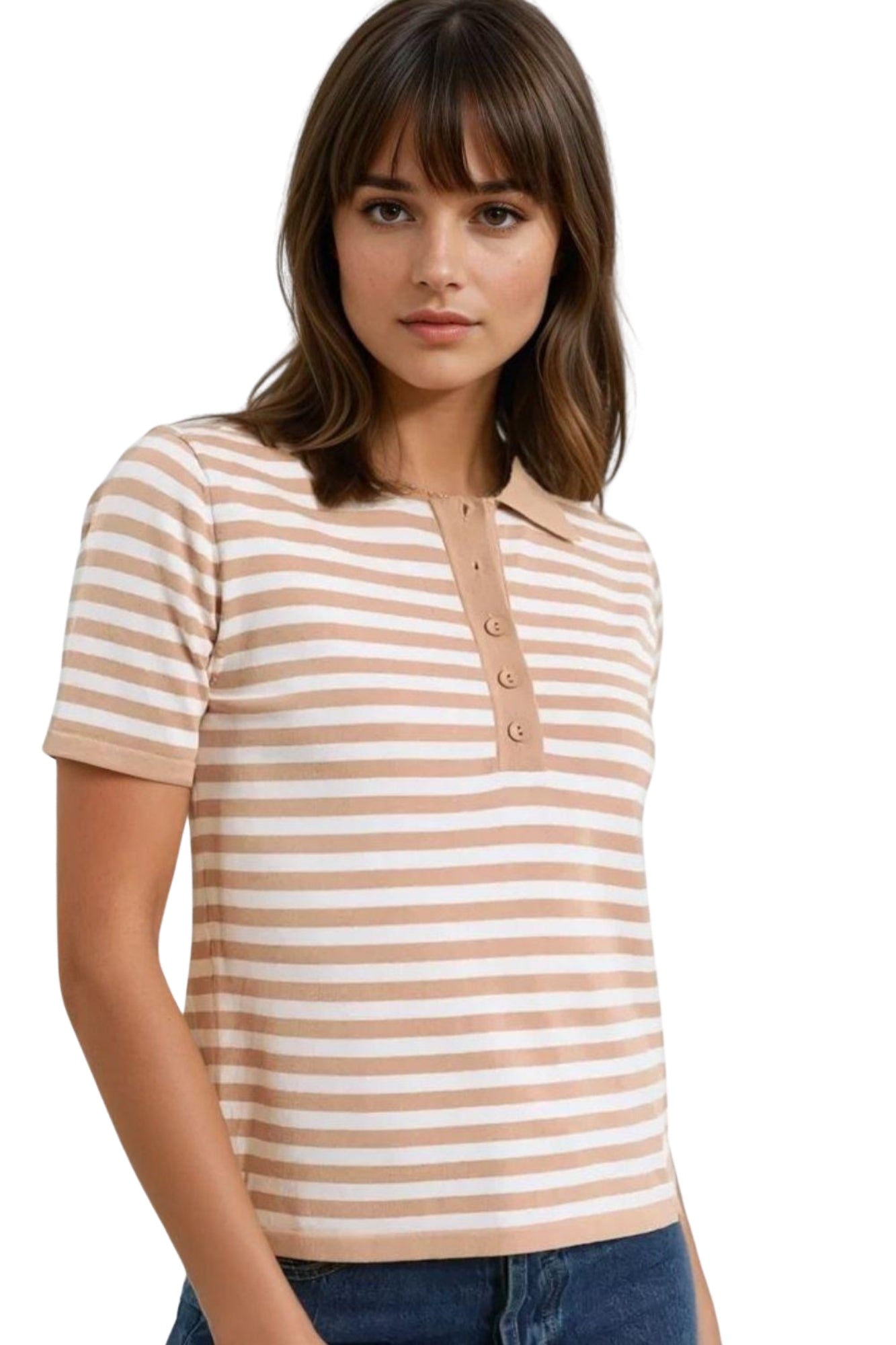 BEIGE AND WHITE STRIPED KNITTED POLO T-SHIRT