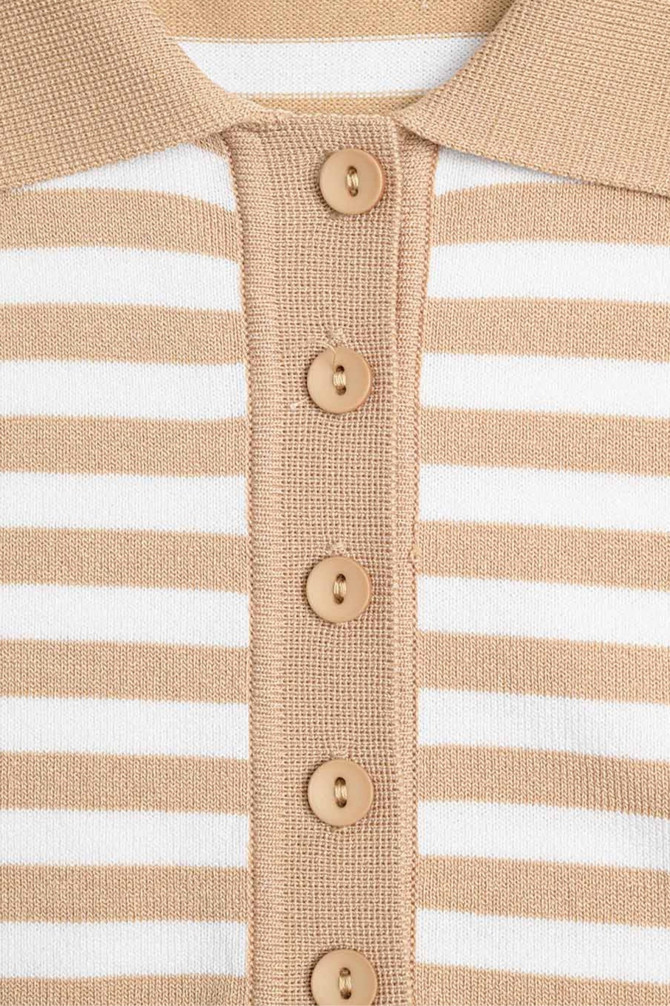BEIGE AND WHITE STRIPED KNITTED POLO T-SHIRT