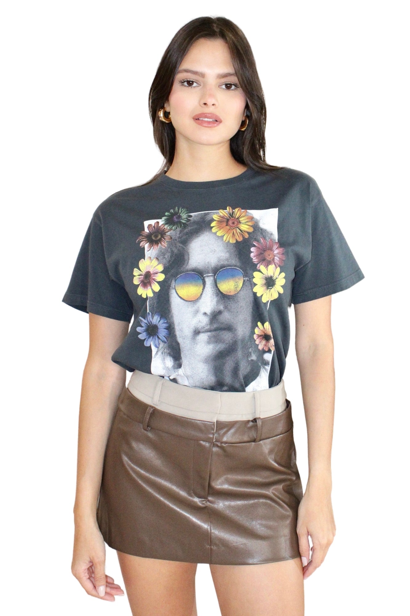 DOUBLE WAIST MIXED FABRIC LEATHER SKORT