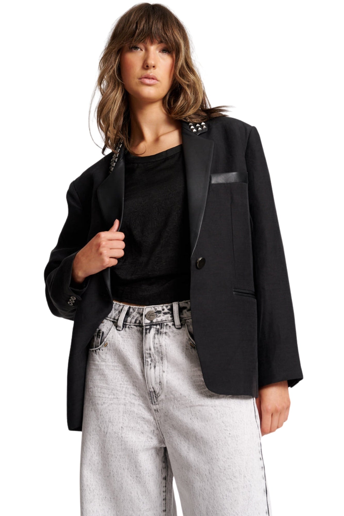PUNK STUDDED LINEN BLACK BLAZER