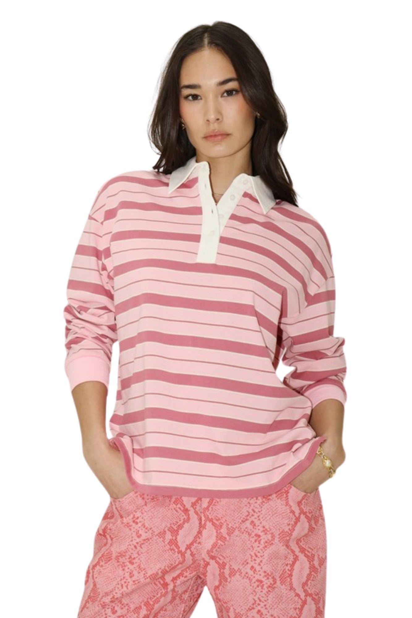 STRIPED POLO PINK TOP WITH COLLAR