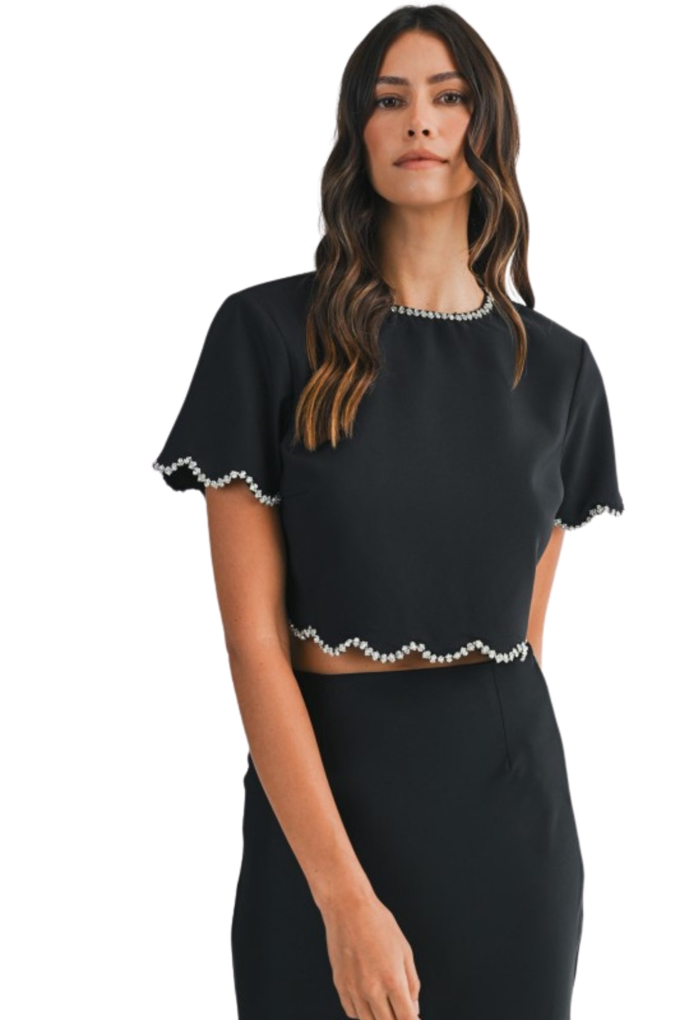 SHORT SLEEVE RHINESTONE BLACK CROP TOP