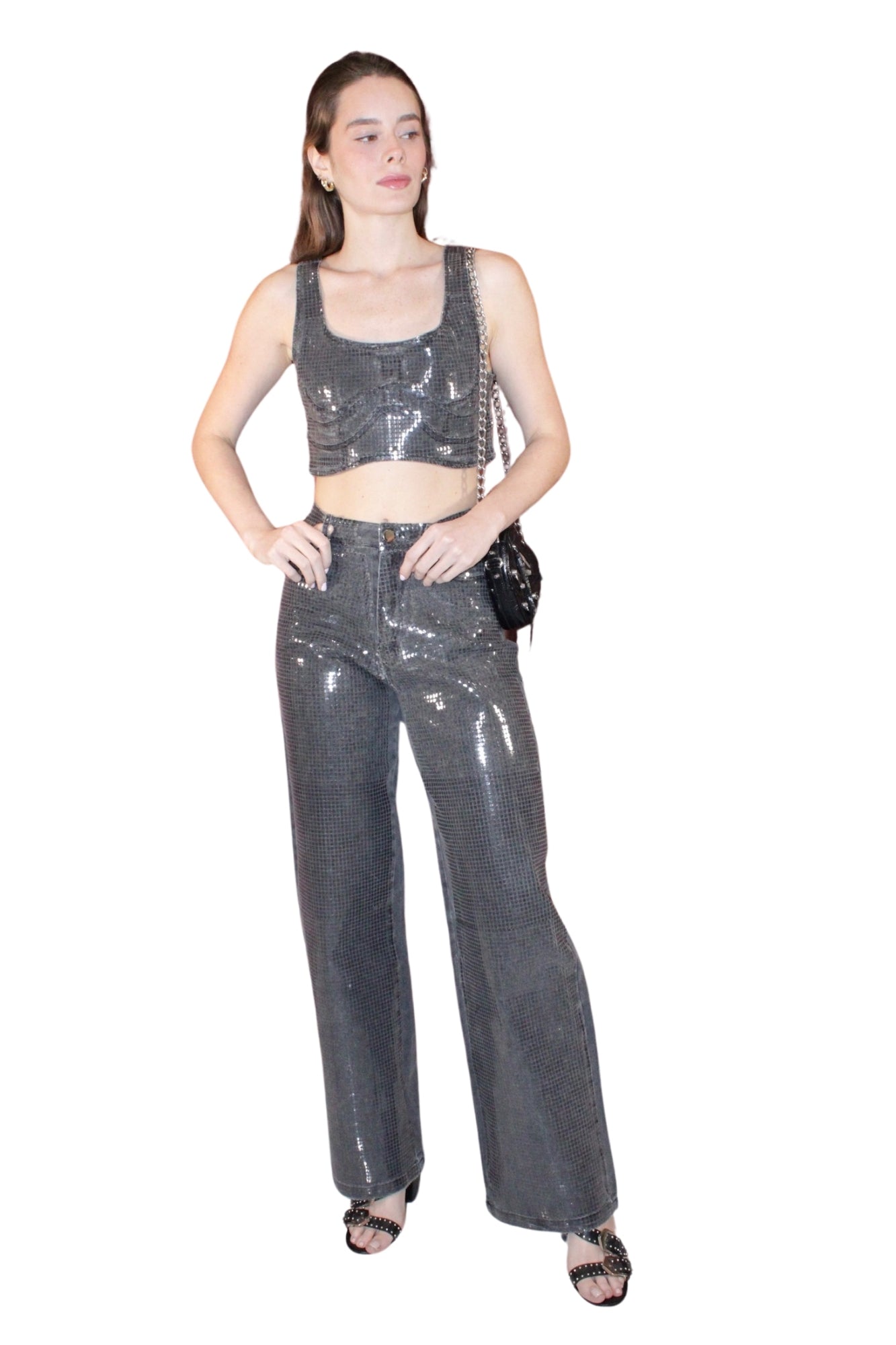 MARIELLE CLEAR SEQUIN DENIM CROP TOP & PANTS SET