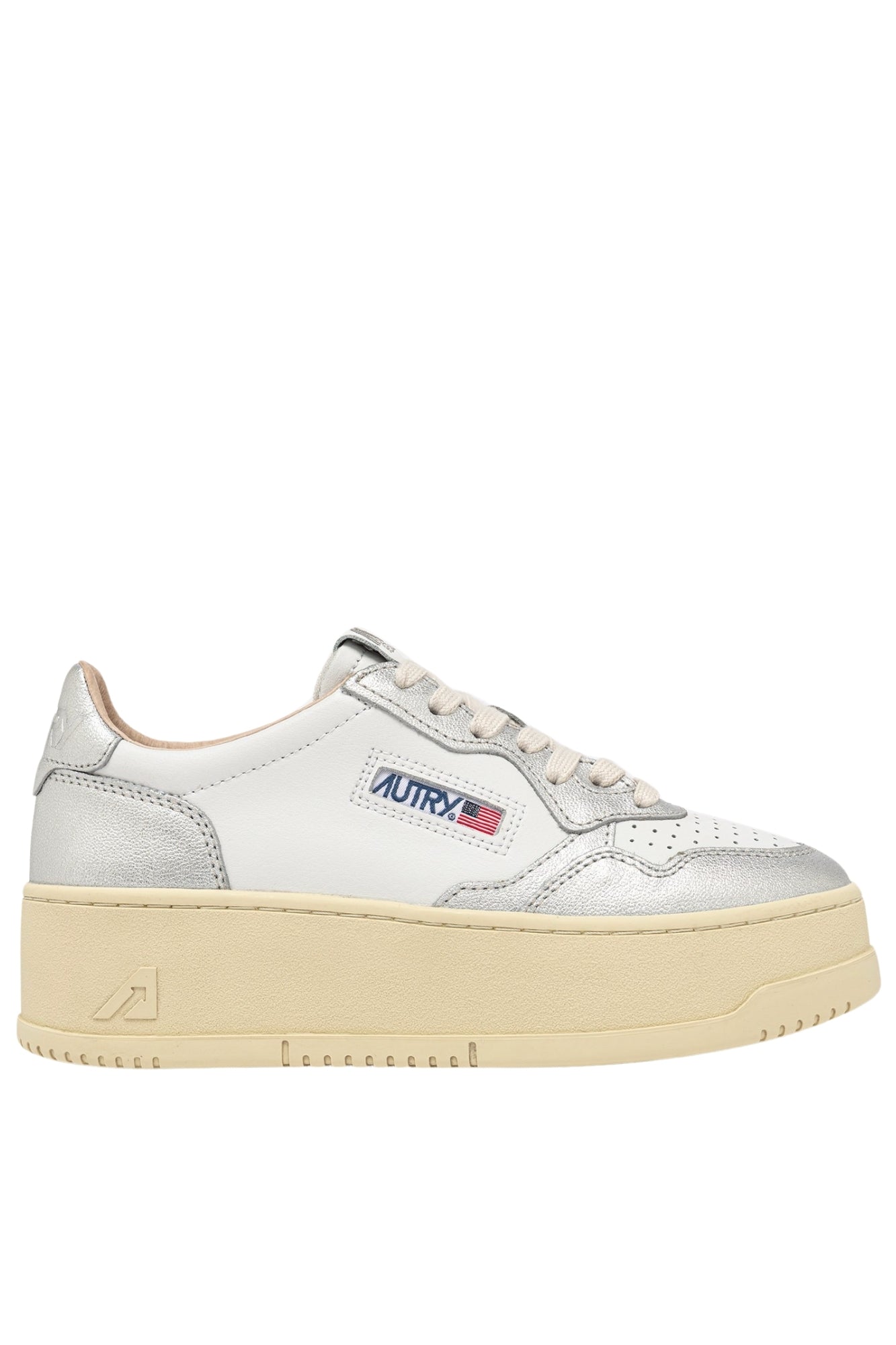 MEDALIST PLATFORM SNEAKERS IN WHITE AND SILVER LEATHER