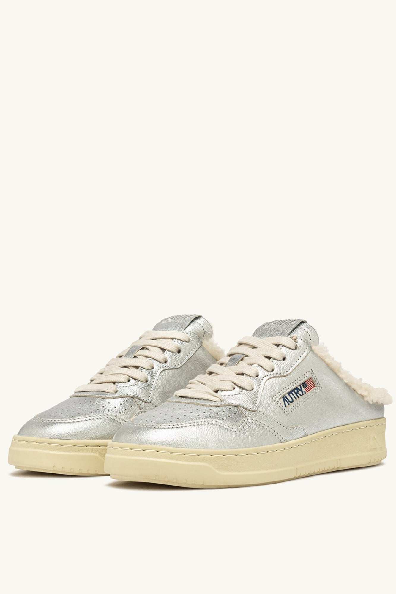 MEDALIST MULE SNEAKERS IN SILVER-TONE LEATHER AND SHEARLING