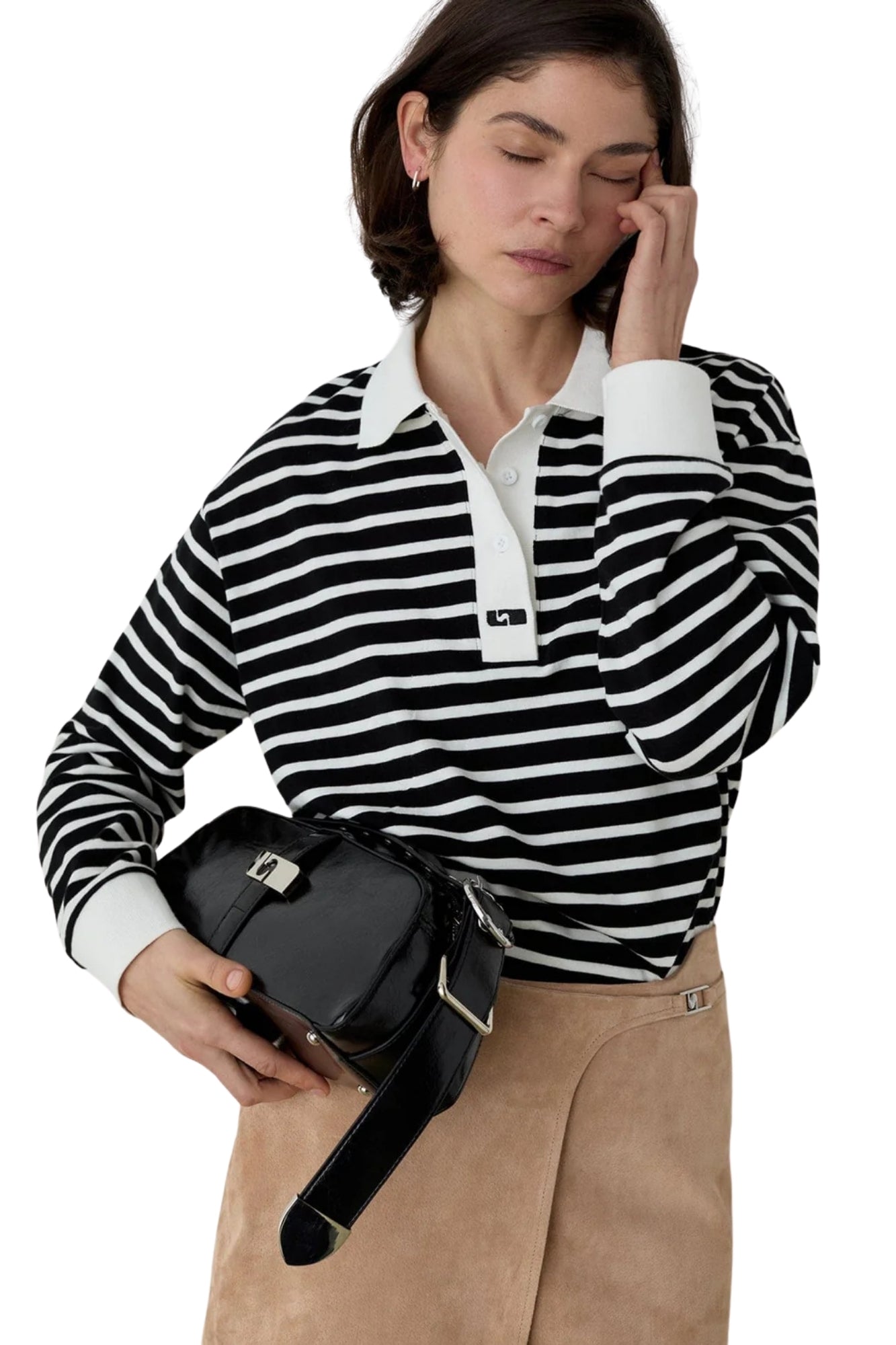 DUSE BLACK STRIPED LONGSLEEVE POLO T-SHIRT