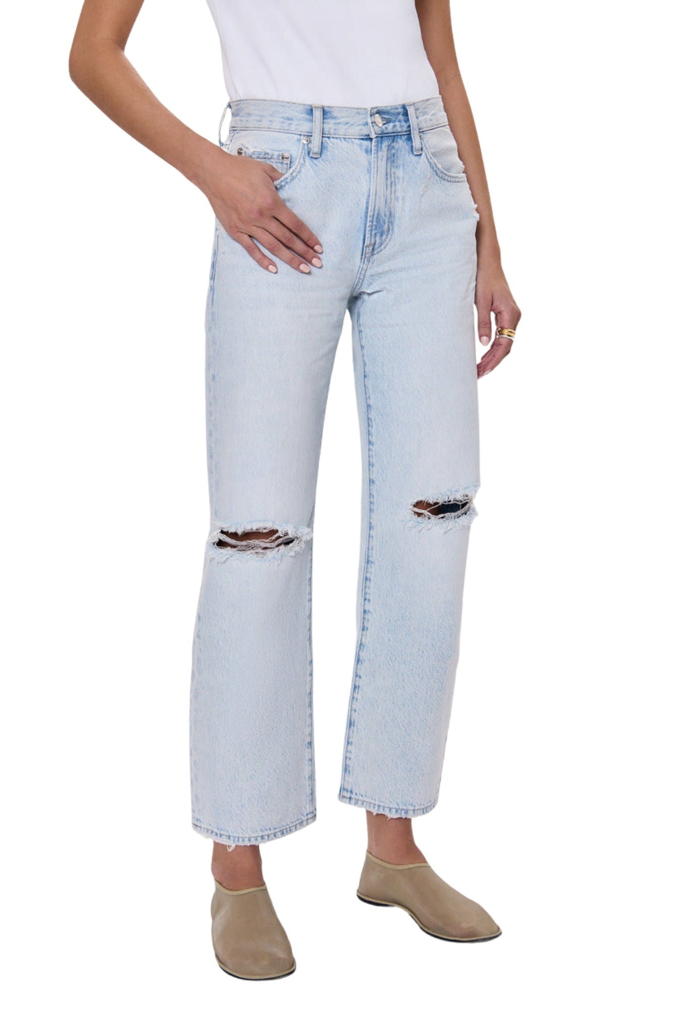 LEXI MID RISE BOWED SOLTD STRAIGHT SOLSTICE DISTRESSED