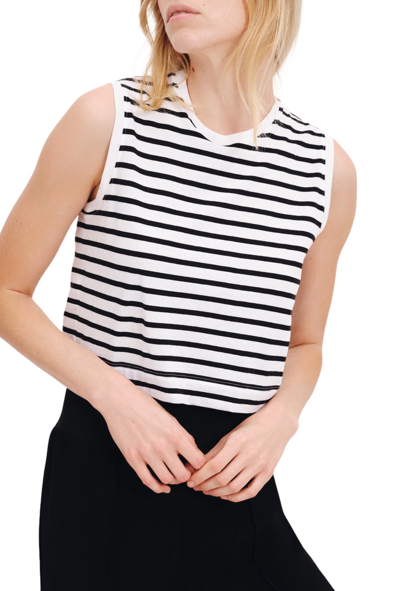 CLASSIC JERSEY STRIPE WHITE AND BLACK SLEEVELESS CROPPED MUSCLE TEE