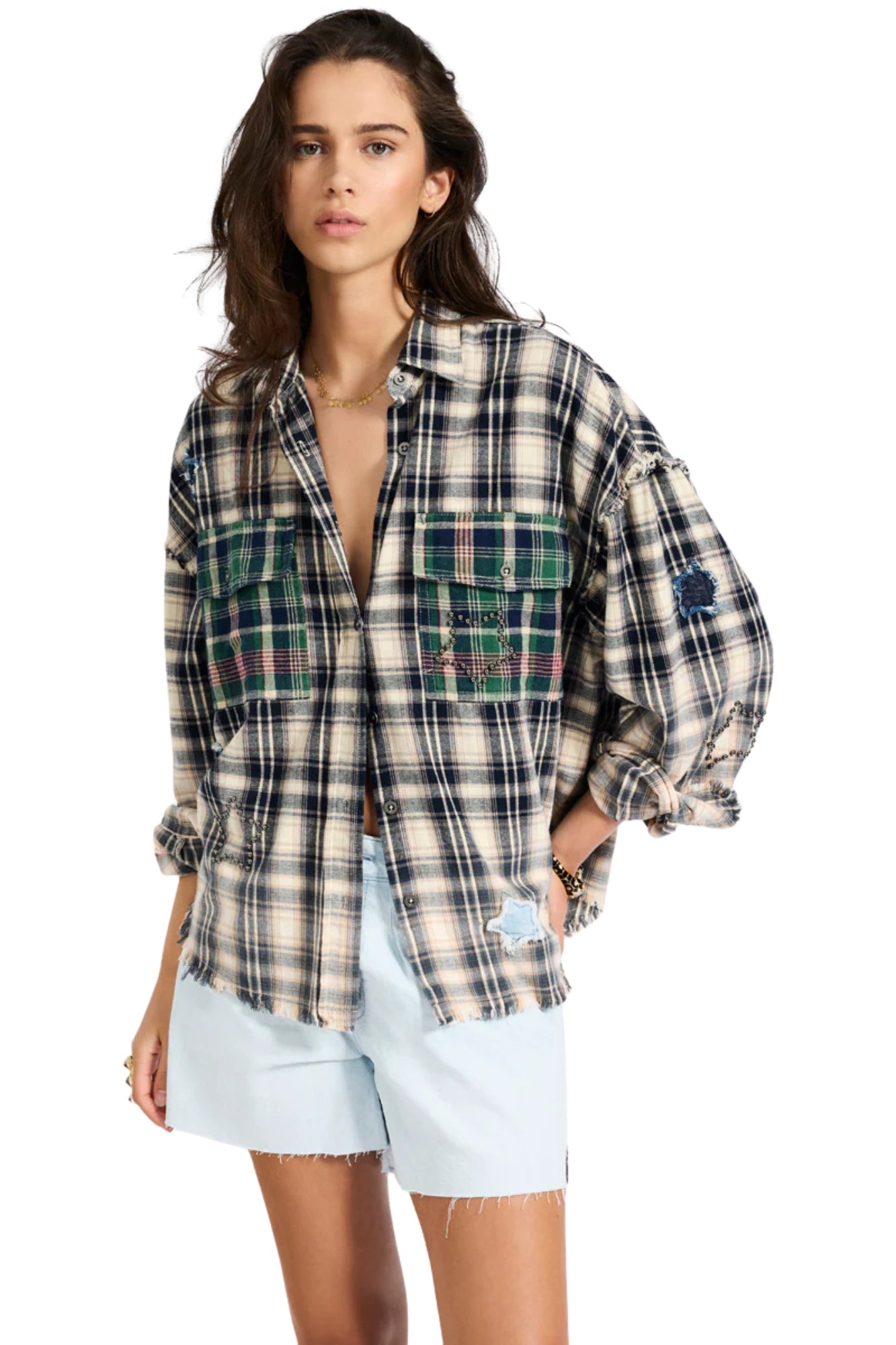 FLANNEL STAR STUDDED CREAM BLUE CHECK SHIRT