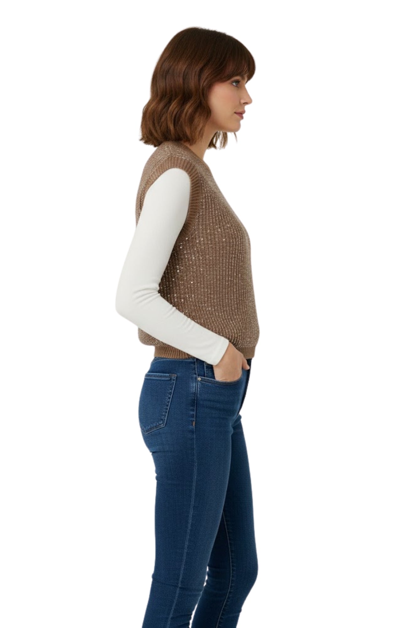 SEQUIN ATTACHED BUTTON DOWN MOCHA VEST