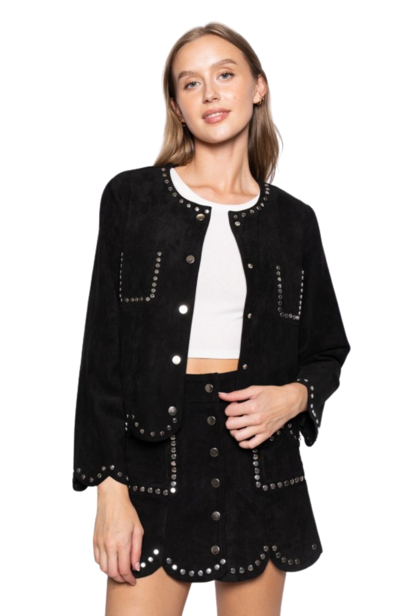 SUEDE STUDDED DETALIED SCALLOP HEM MINI SKIRT JACKET SET