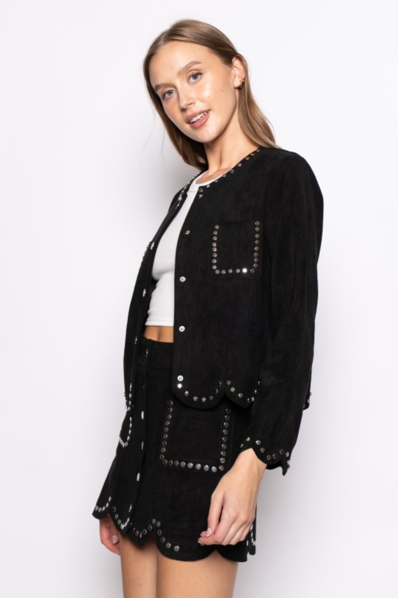 SUEDE STUDDED DETALIED SCALLOP HEM MINI SKIRT JACKET SET