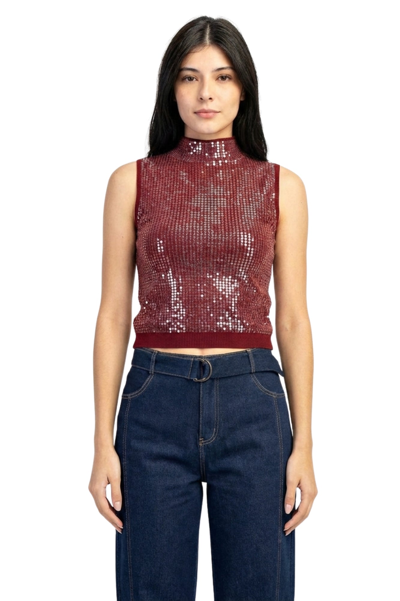 MOCK NECK RIBBED BURGUNDY TOP