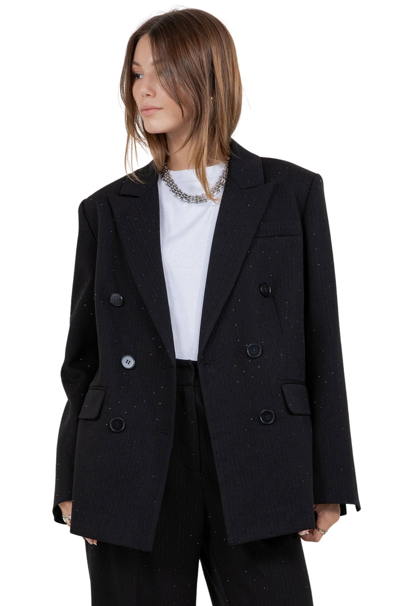 RHINESTONE EMBOSSED BLACK PINSTRIPE BLAZER