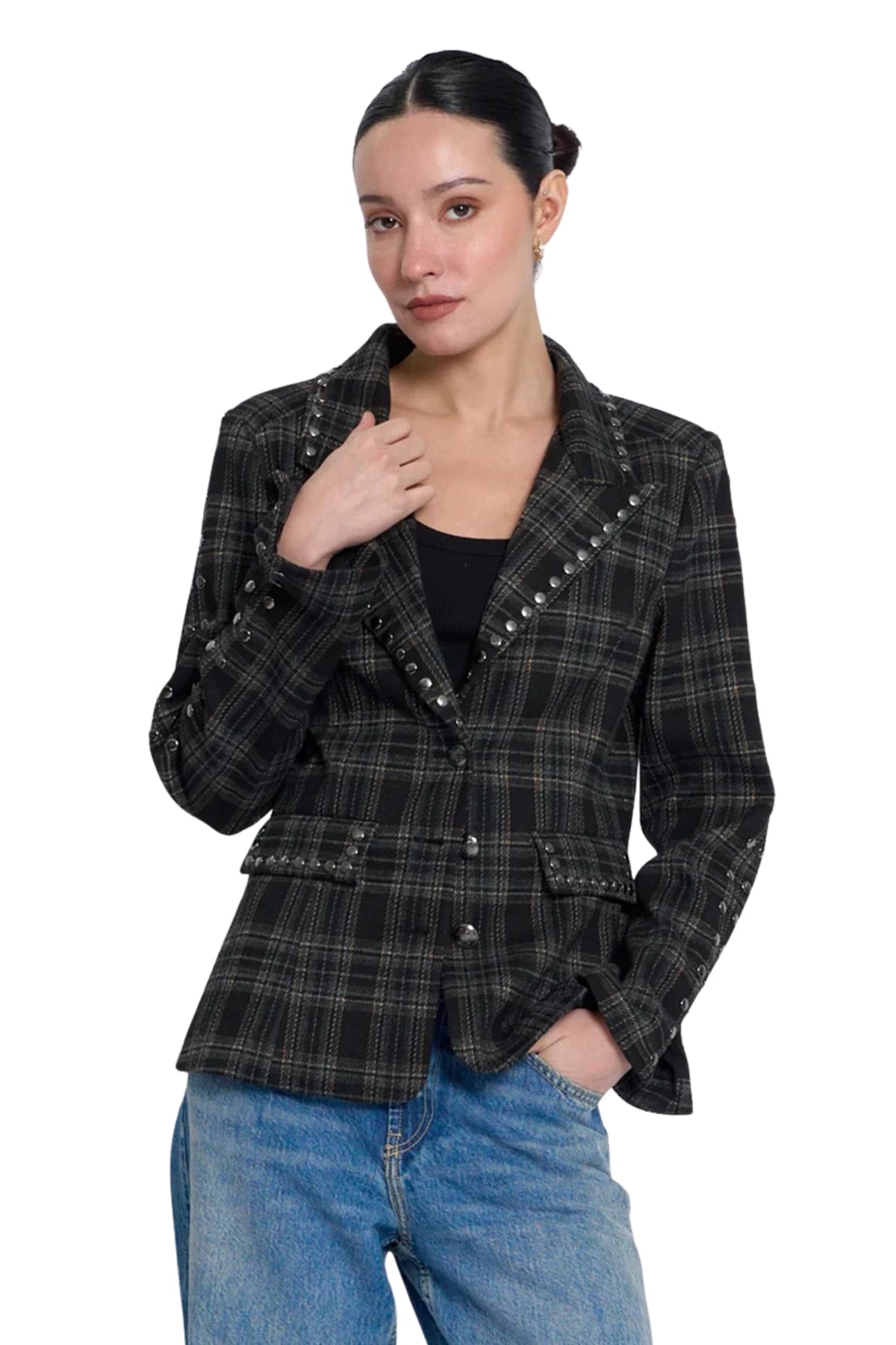 FELIX PLAID STUDDED JACKET IN BLACK PLAID