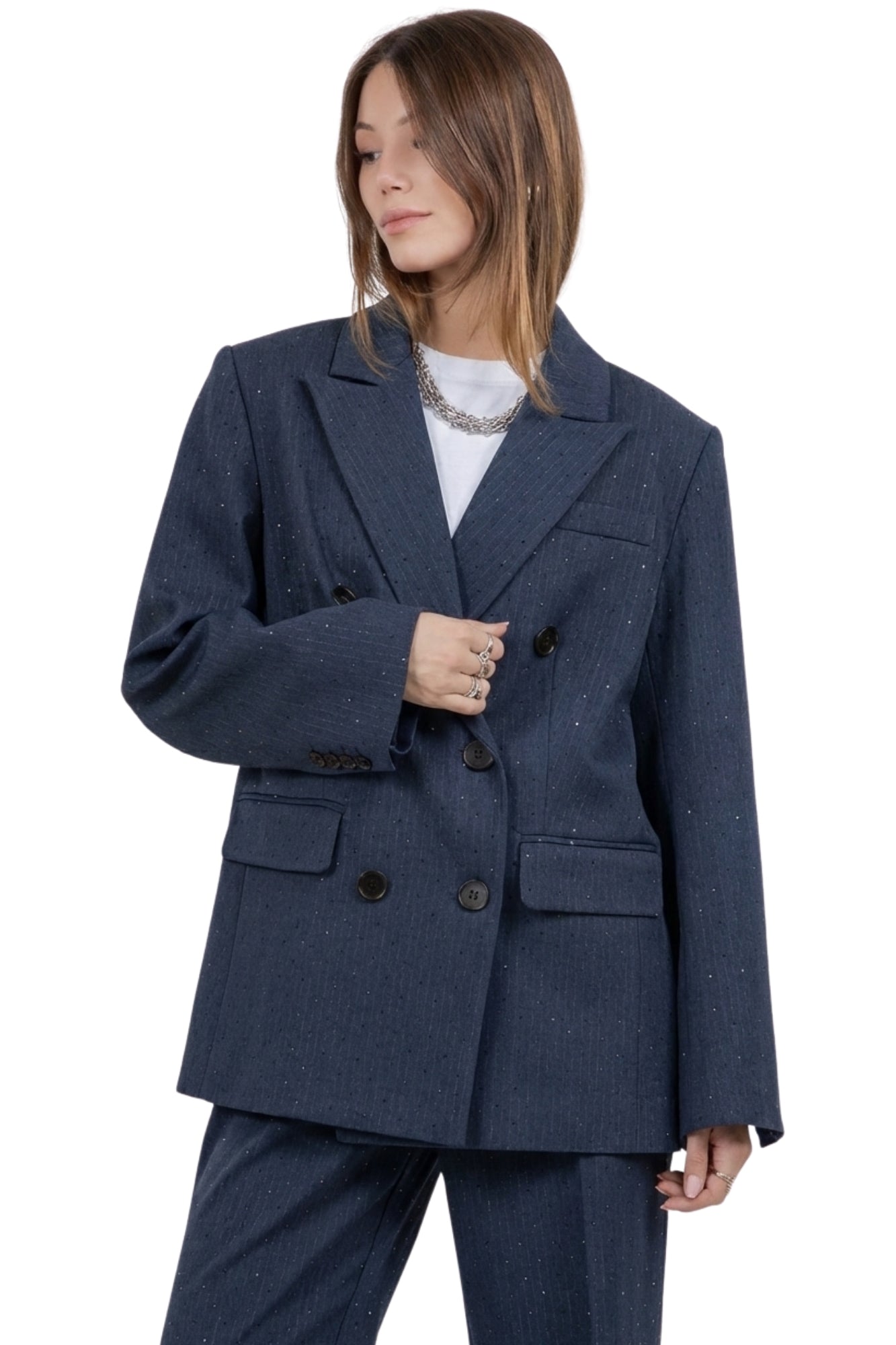 RHINESTONE EMBOSSED NAVY PINSTRIPE BLAZER
