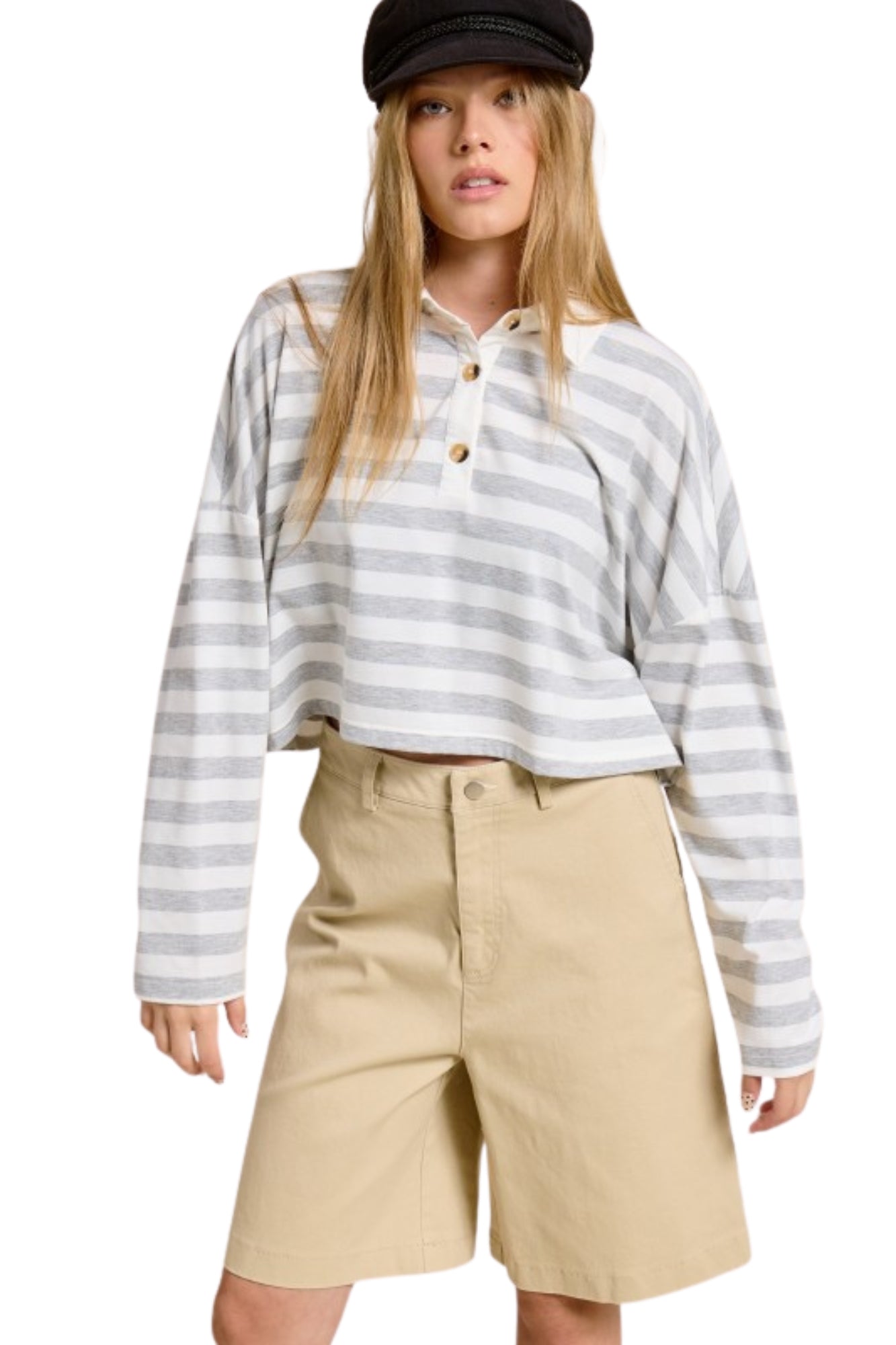 STRIPED CROPPED HEATHER GREY POLO