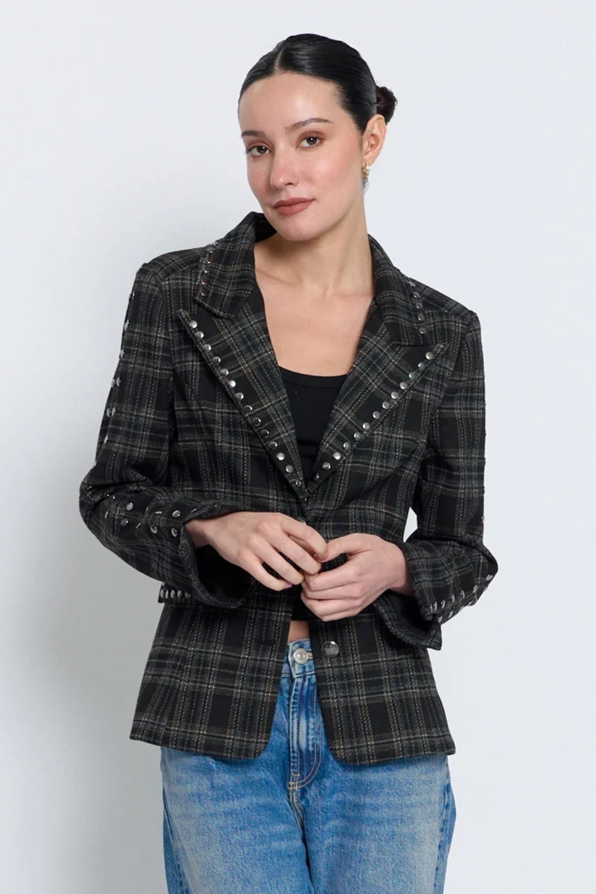 FELIX PLAID STUDDED JACKET IN BLACK PLAID