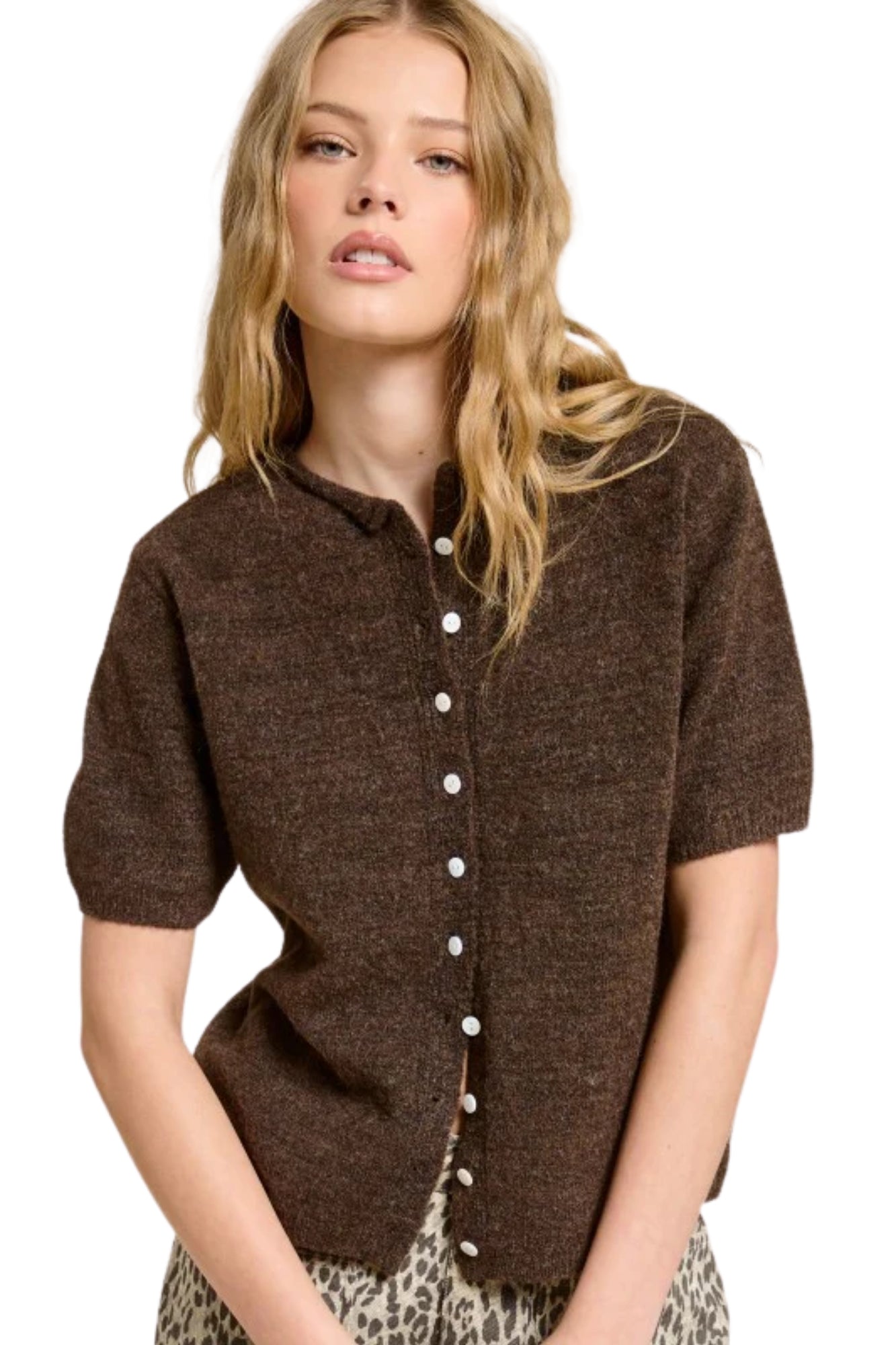 SHORT SLEEVE BUTTON ESPRESSO TOP