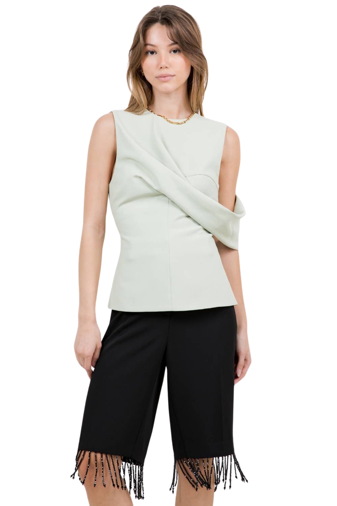 SOFT WOVEN DRAPE DETAILED SLEEVELESS FITTEN SAGE TOP