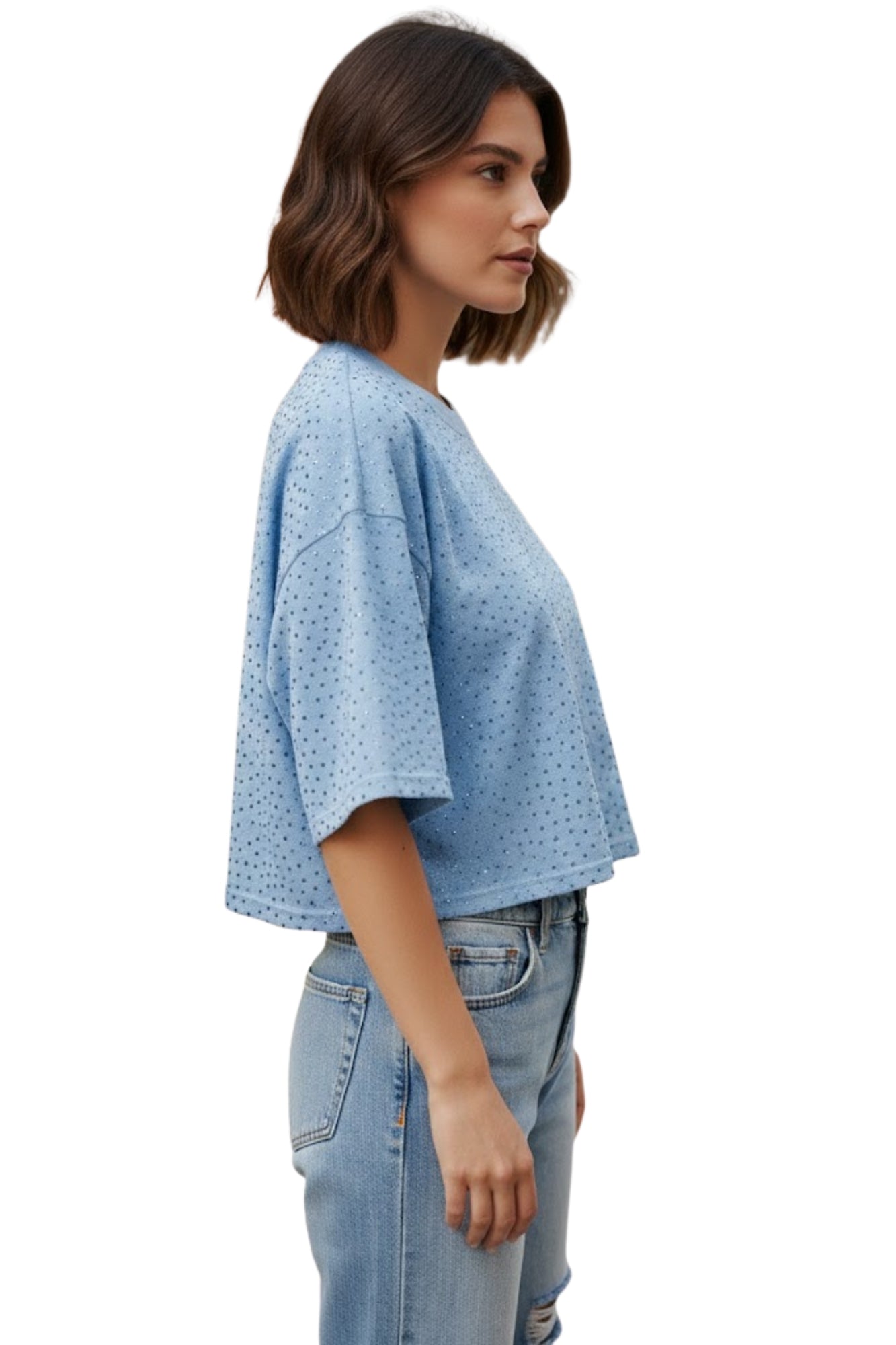 CROP RHINESTONE LIGHT BLUE TOP