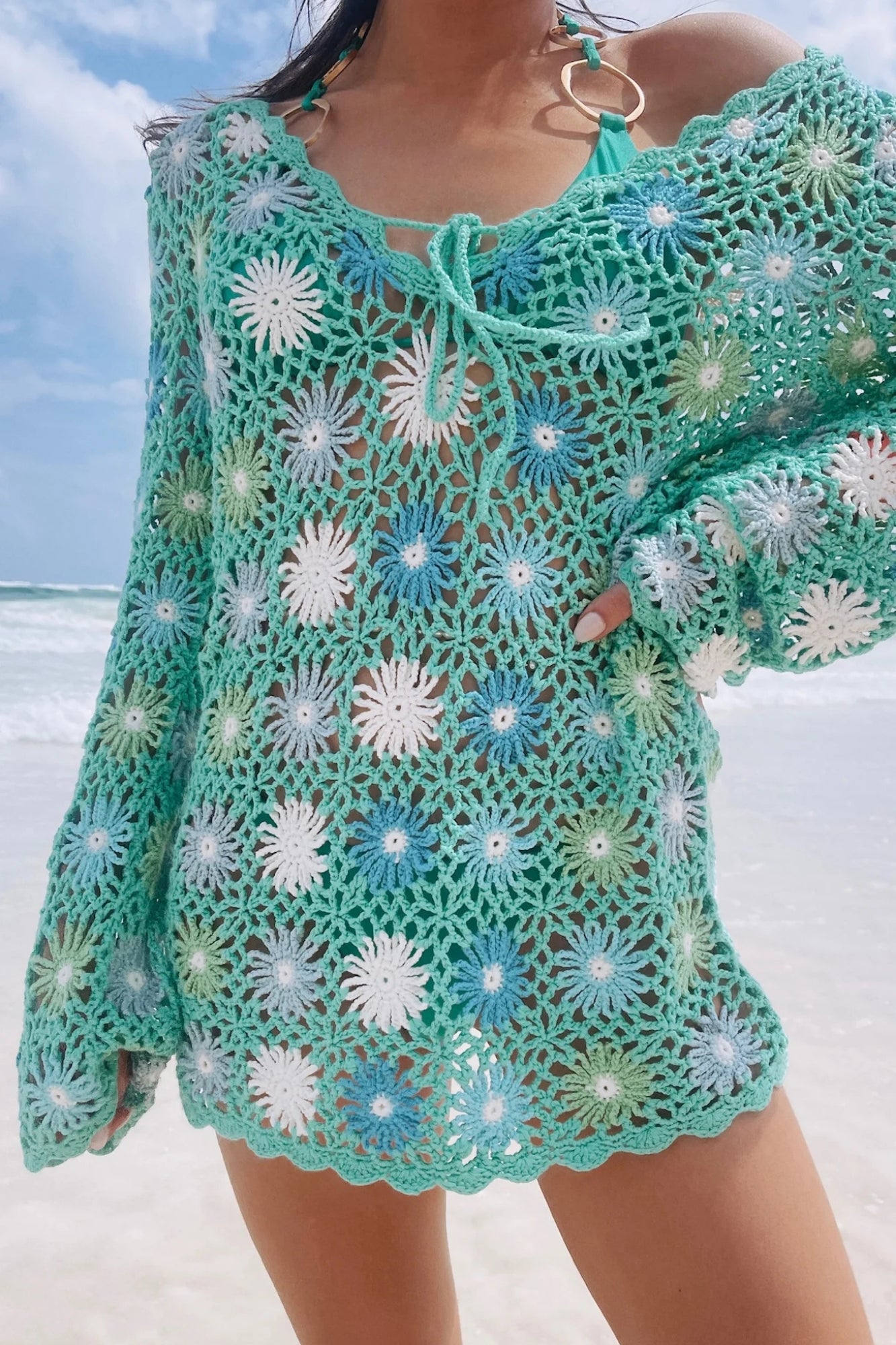 VACAY MINI COVERUP BLUE MULTI FLORAL CROCHET