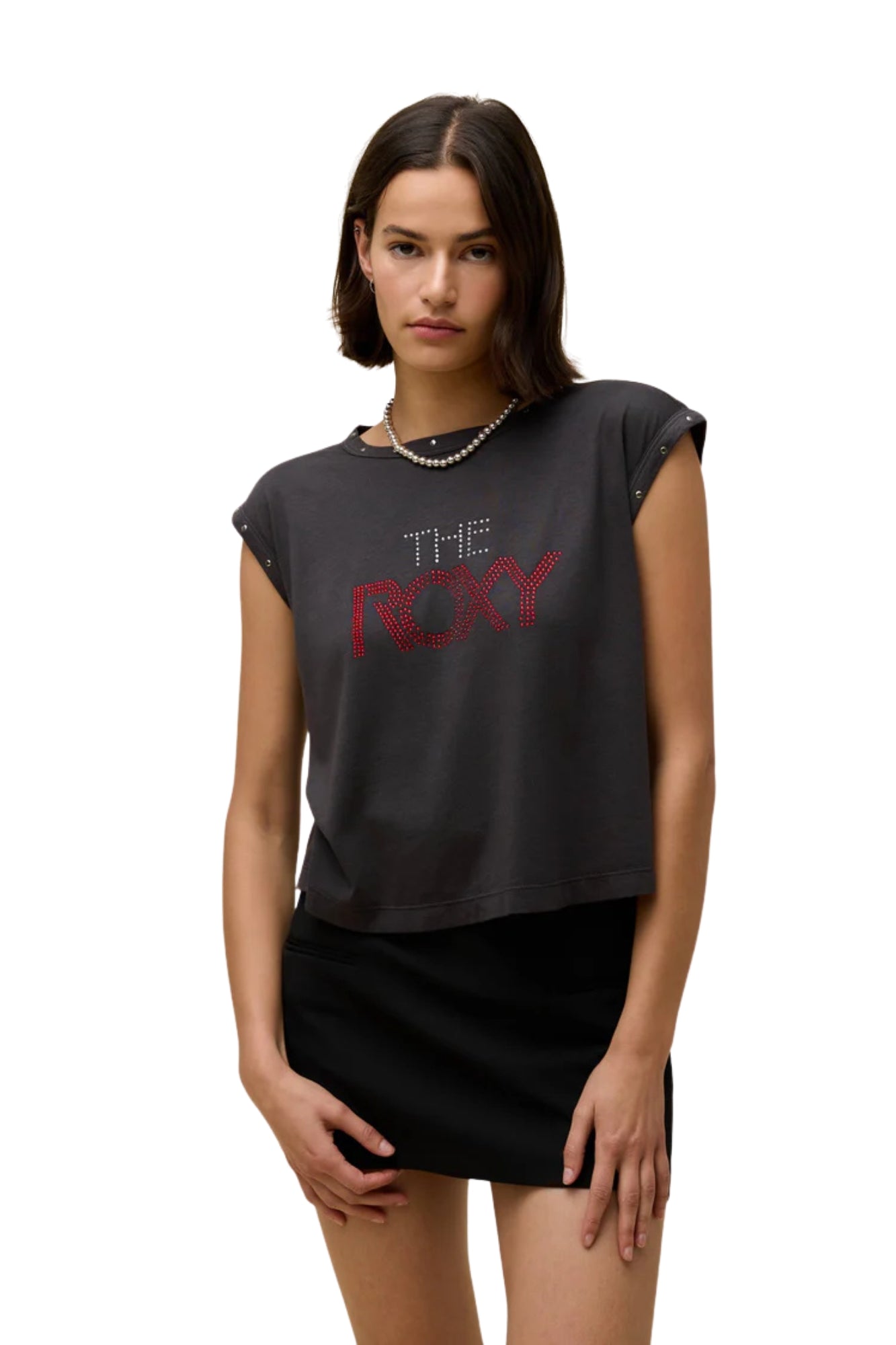 THE ROXY RHINESTONE SWING MUSCLE REACTIVE BLACK TANK