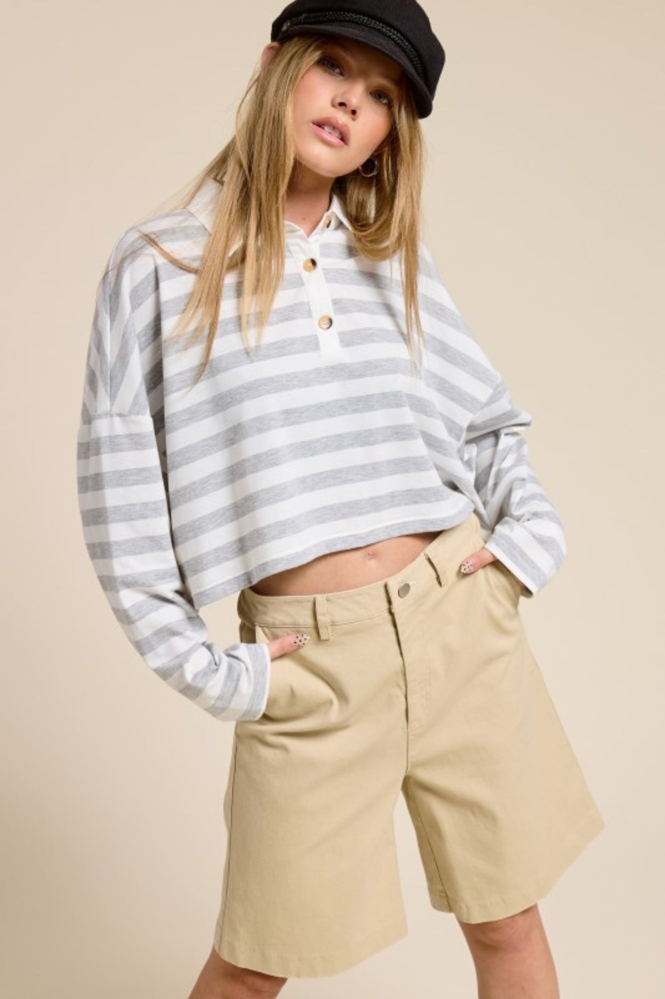 STRIPED CROPPED HEATHER GREY POLO