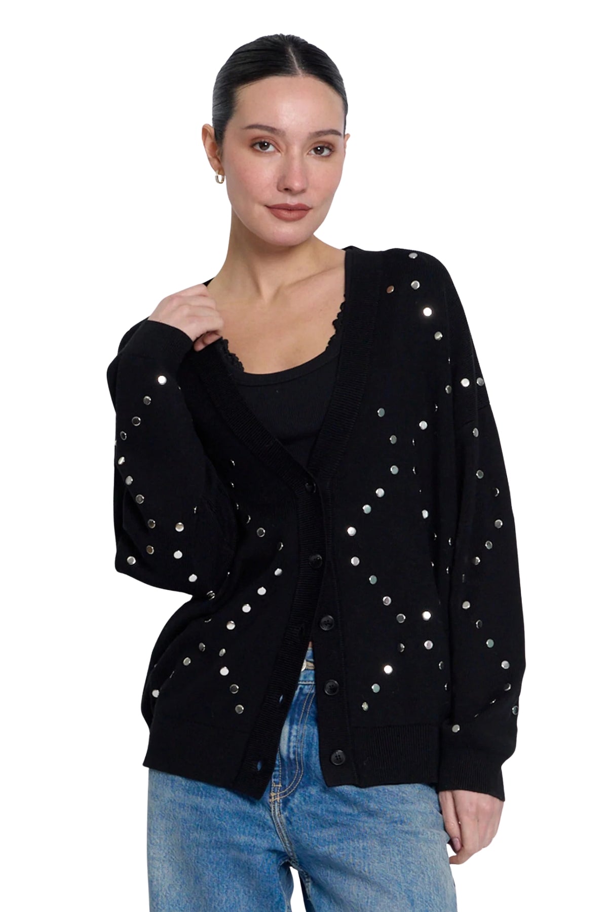 FELIX LONG STUDDED CARDIGAN IN BLACK