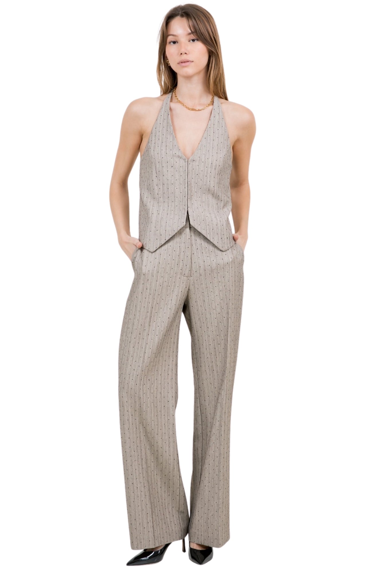 RHINESTONE EMBOSSED PINSTRIPE TAUPE SET