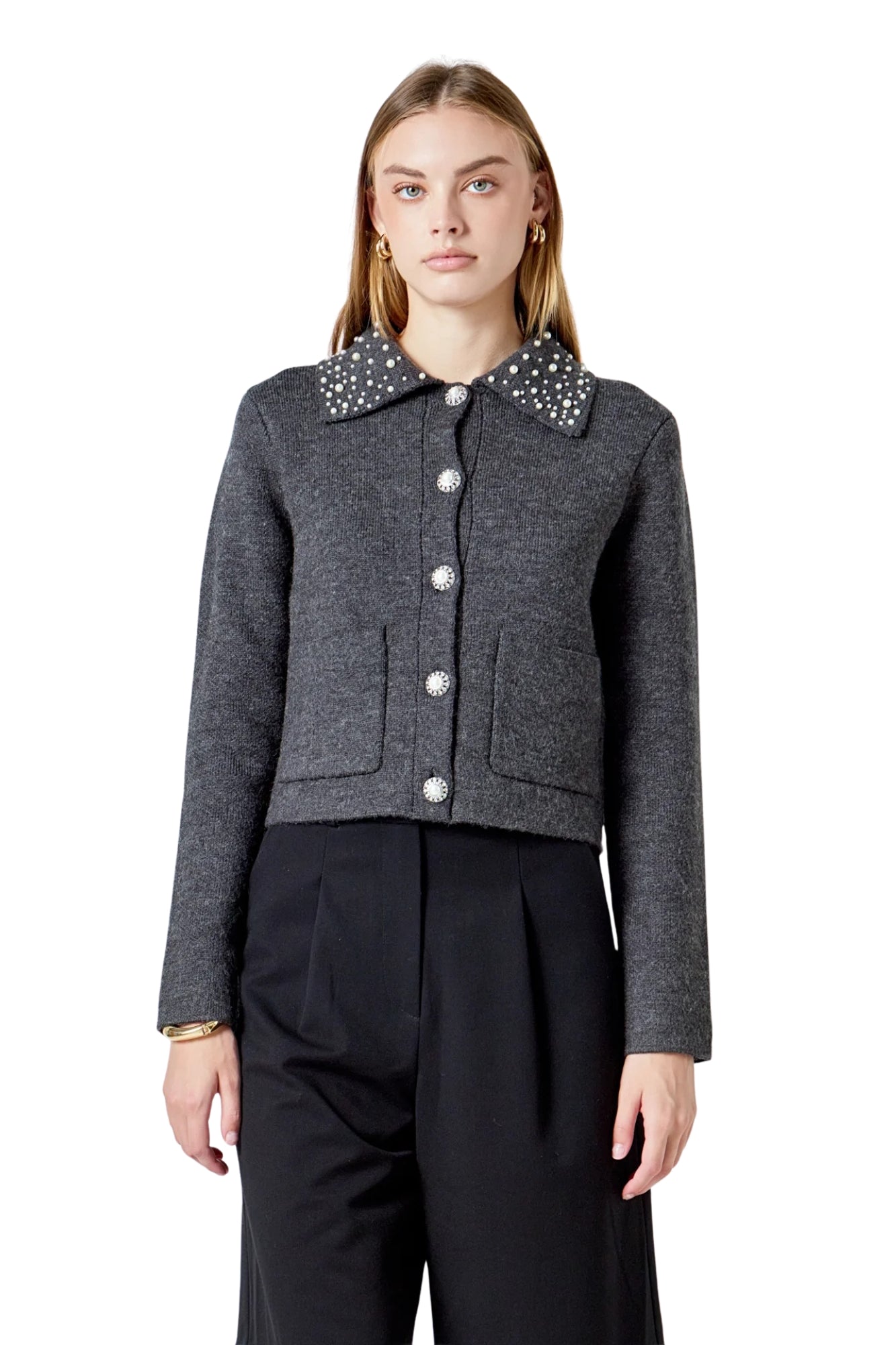 PEARL EMBELLISHED COLLAR GREY CARDIGAN